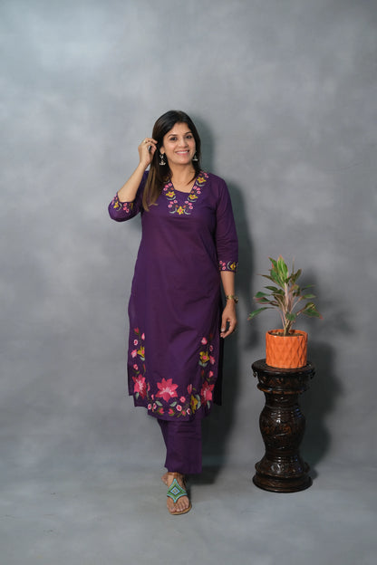 Floral Embroidered Purple Kurta Pant Set | Soft Cotton