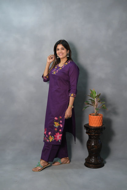Floral Embroidered Purple Kurta Pant Set | Soft Cotton
