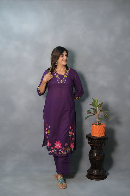Floral Embroidered Purple Kurta Pant Set | Soft Cotton