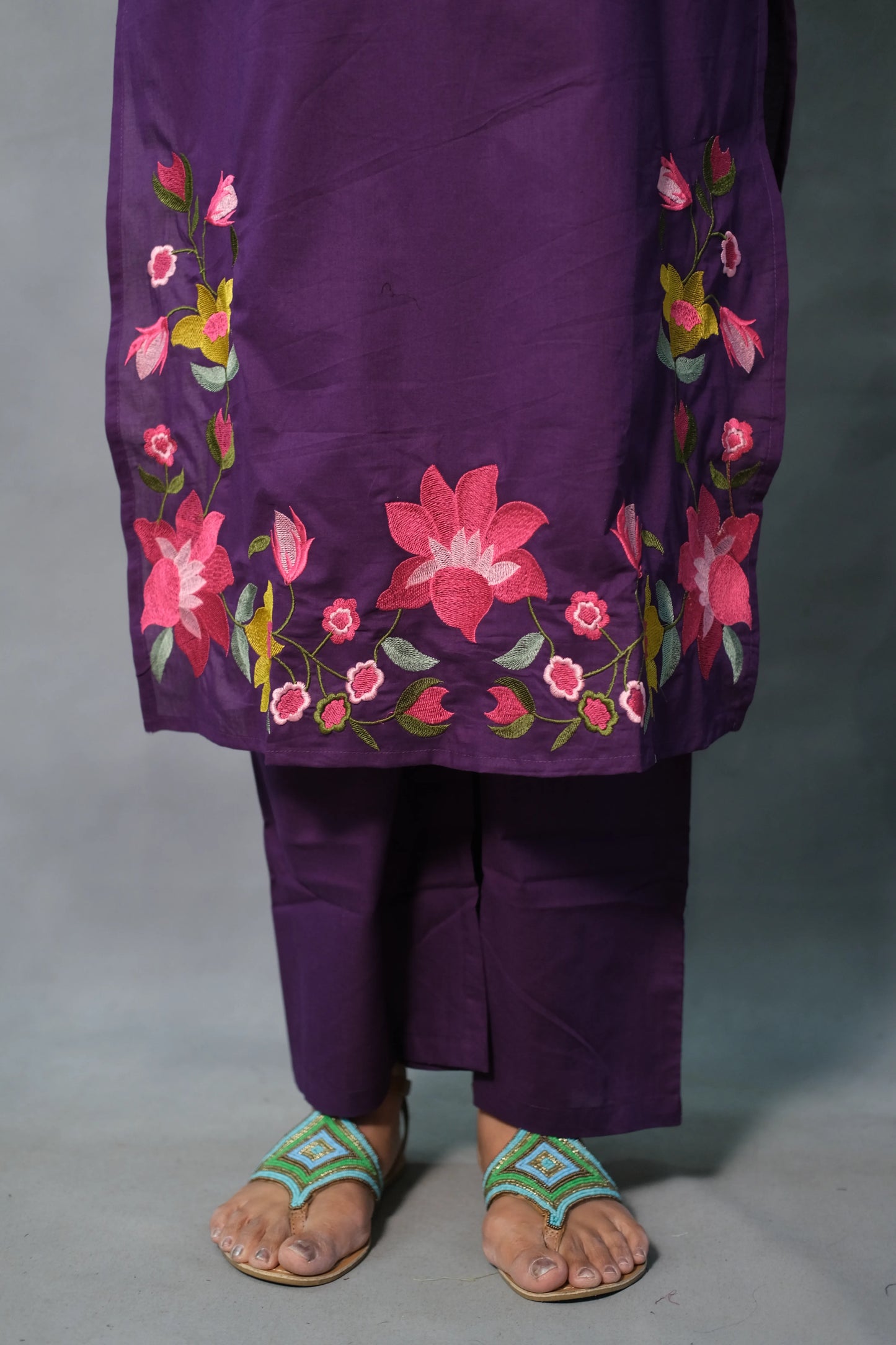 Floral Embroidered Purple Kurta Pant Set | Soft Cotton