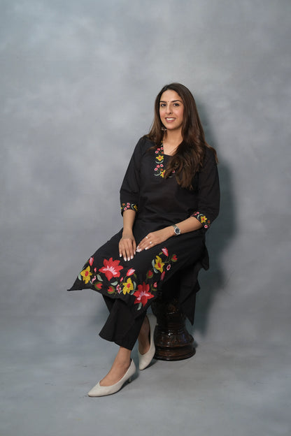 Floral Embroidered Black Kurta Pant Set | Soft Cotton