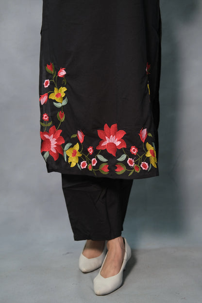 Floral Embroidered Black Kurta Pant Set | Soft Cotton