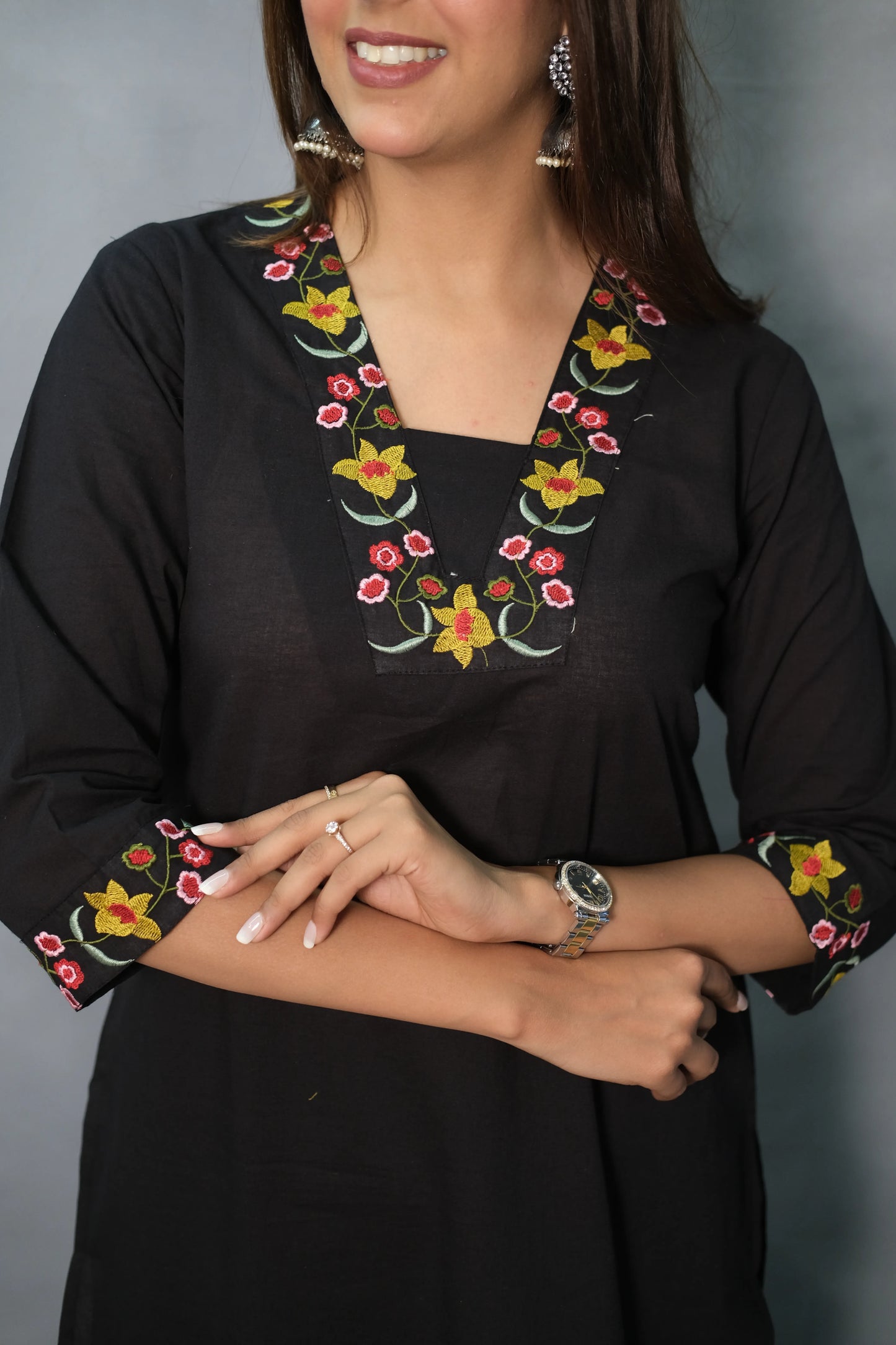 Floral Embroidered Black Kurta Pant Set | Soft Cotton