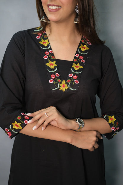 Floral Embroidered Black Kurta Pant Set | Soft Cotton
