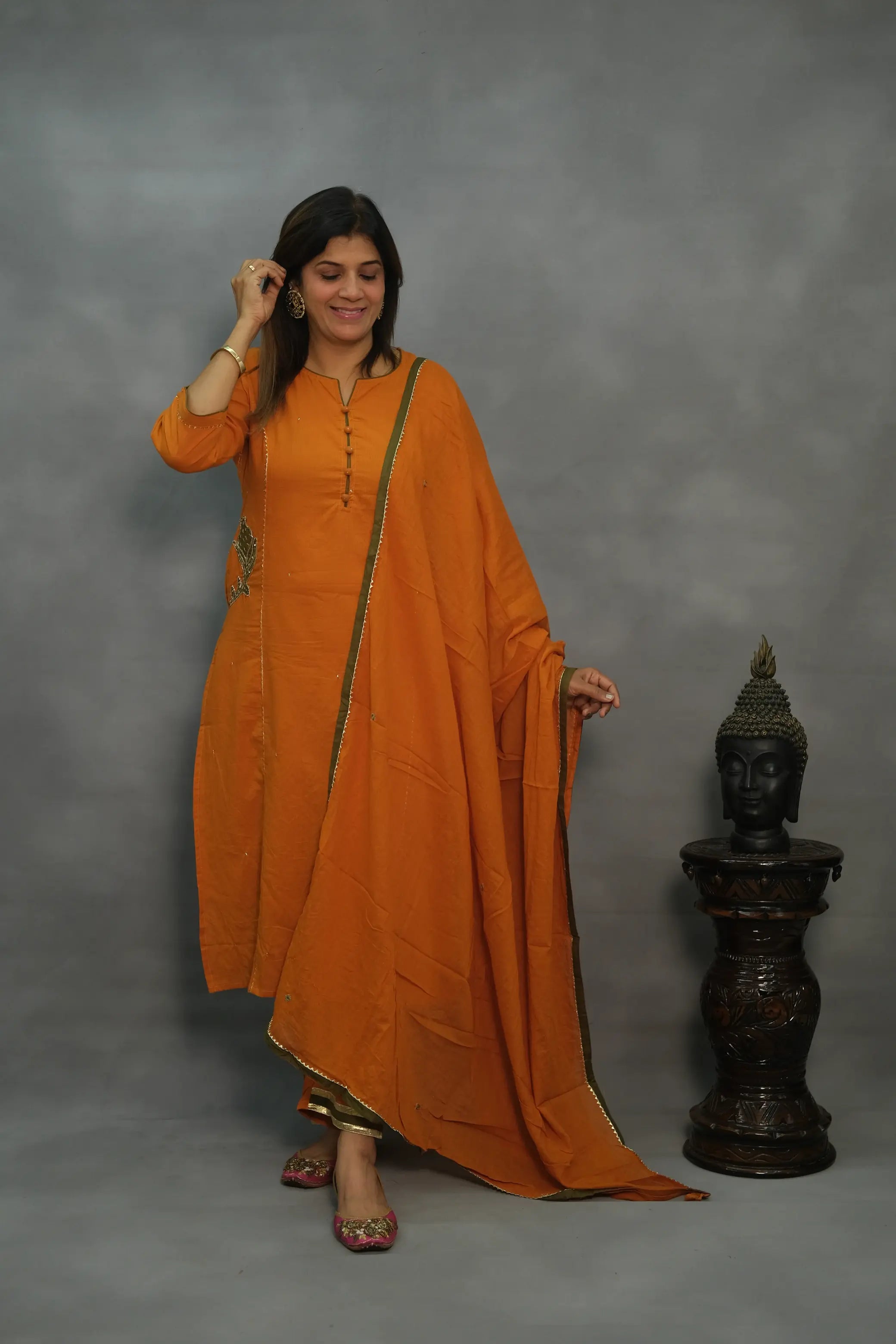 Orange Hand-Embroidered Three-Piece Set with Lining – Premium Festive Wear