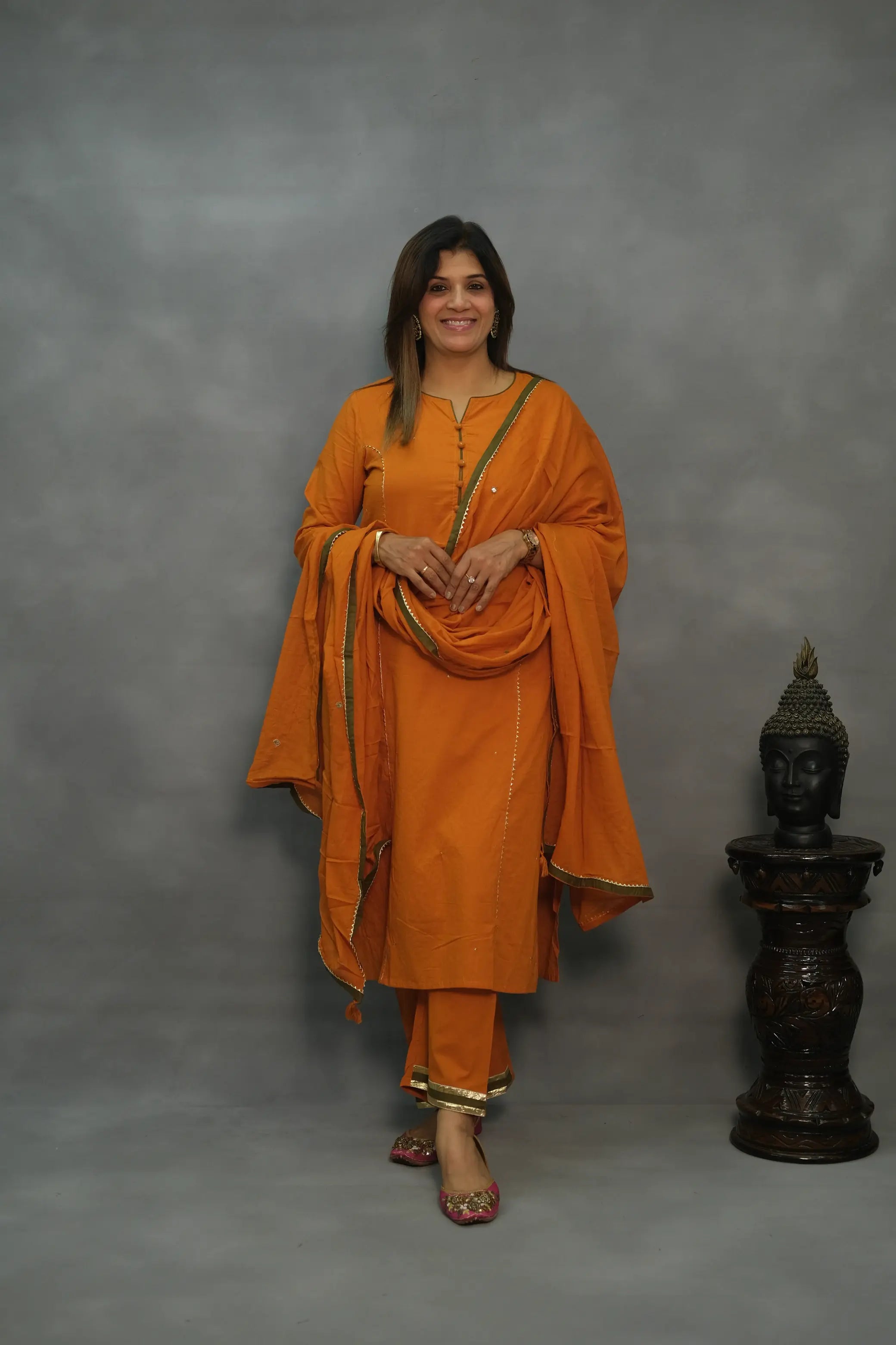 Orange Hand-Embroidered Three-Piece Set with Lining – Premium Festive Wear