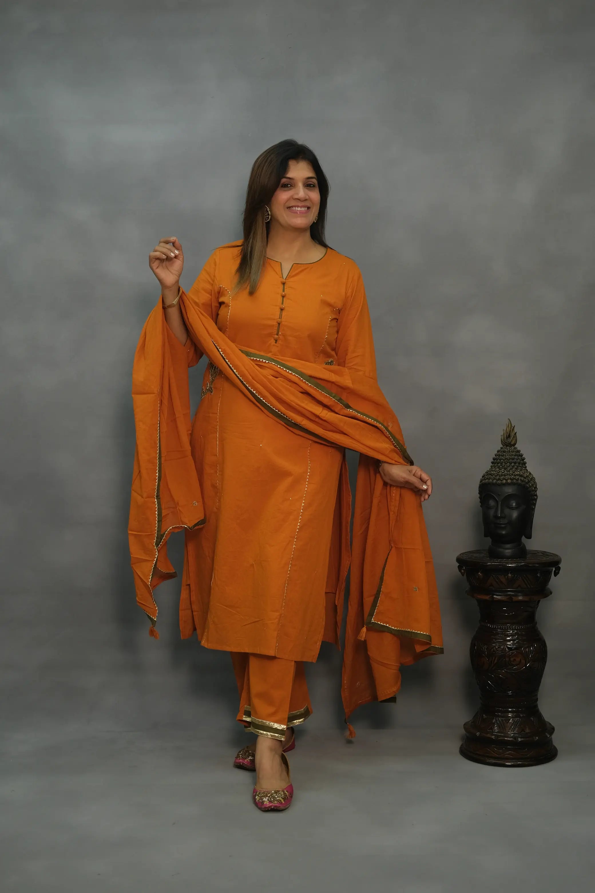 Orange Hand-Embroidered Three-Piece Set with Lining – Premium Festive Wear