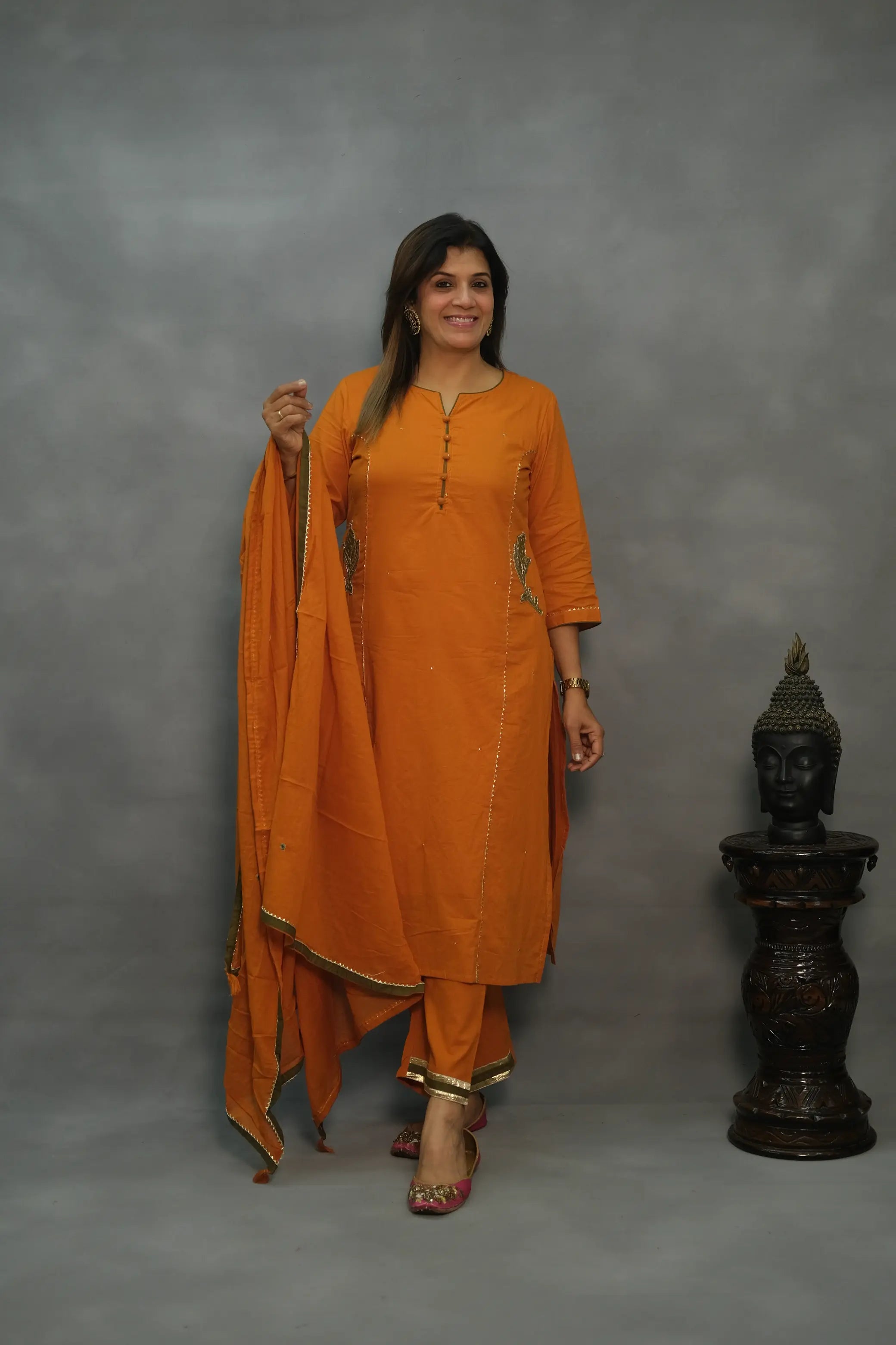 Orange Hand-Embroidered Three-Piece Set with Lining – Premium Festive Wear