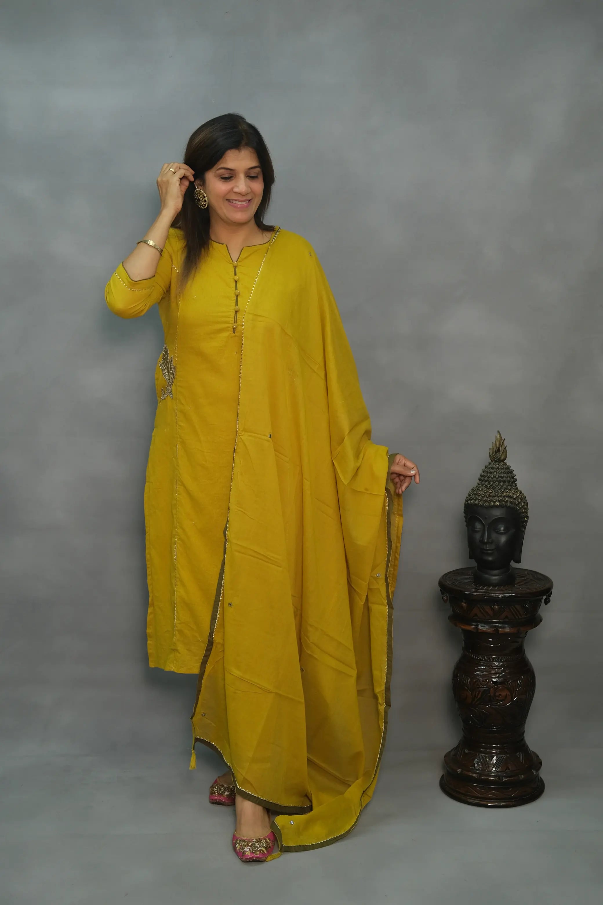 Yellow Hand-Embroidered Three-Piece Set with Lining – Premium Festive Wear