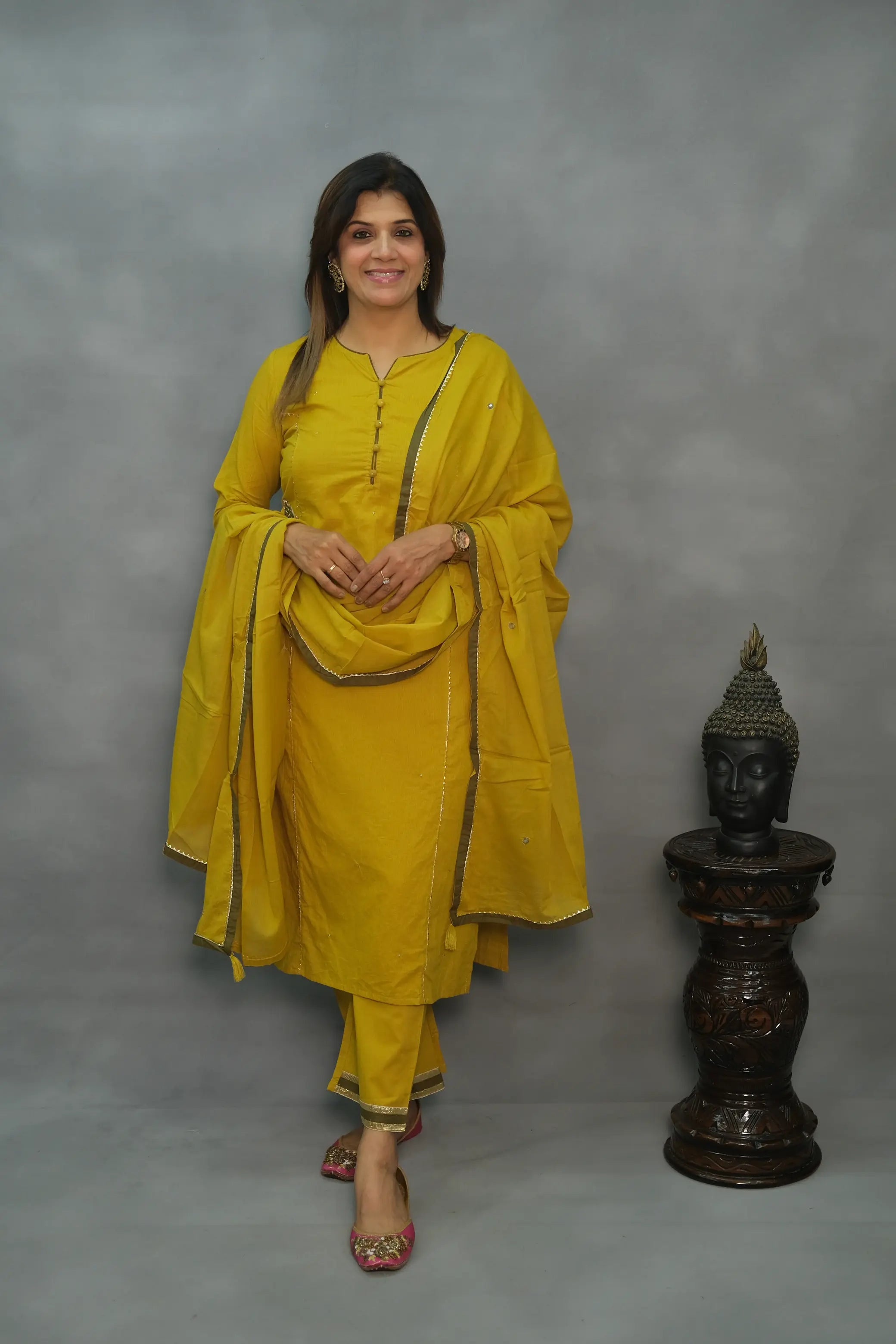 Yellow Hand-Embroidered Three-Piece Set with Lining – Premium Festive Wear