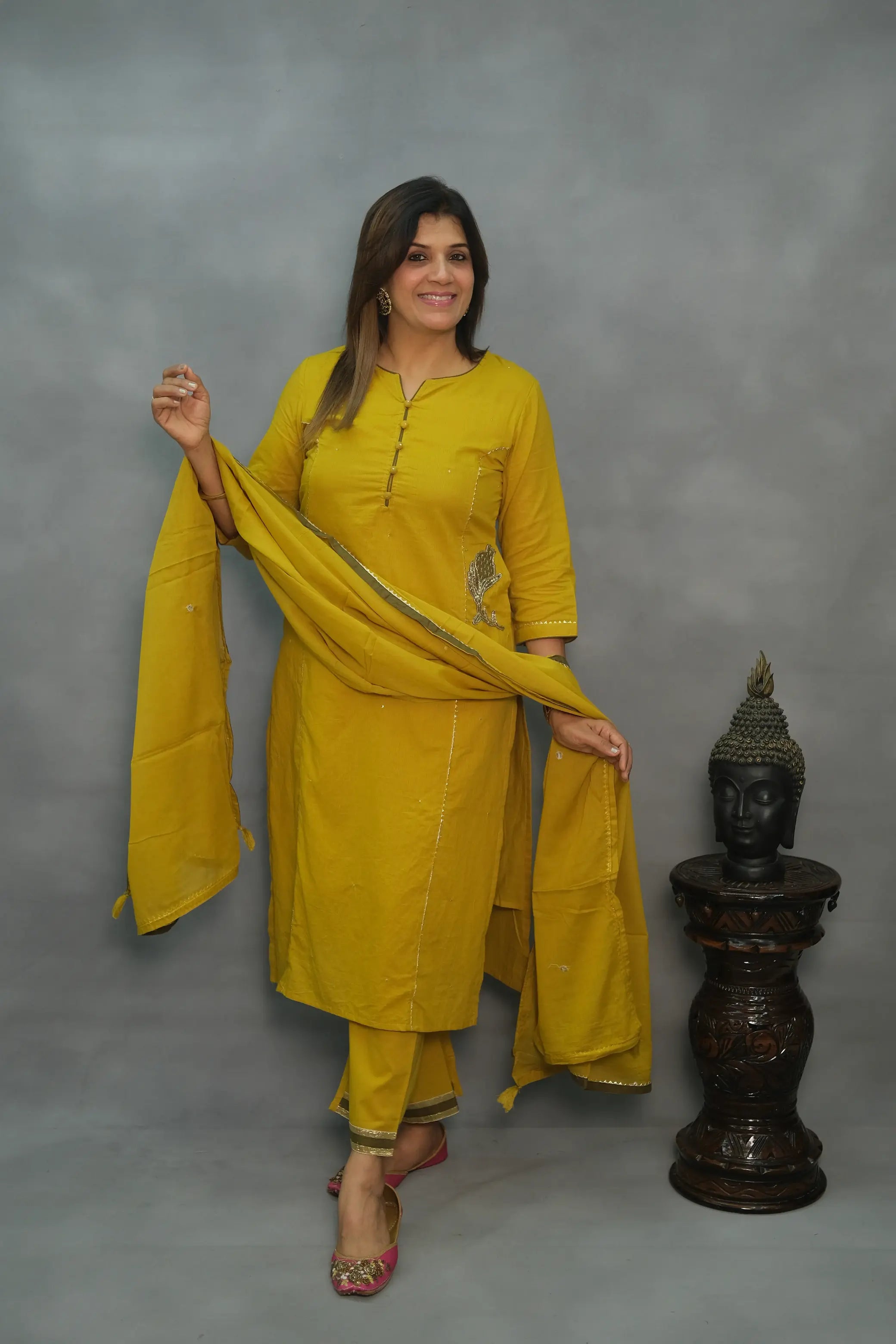 Yellow Hand-Embroidered Three-Piece Set with Lining – Premium Festive Wear