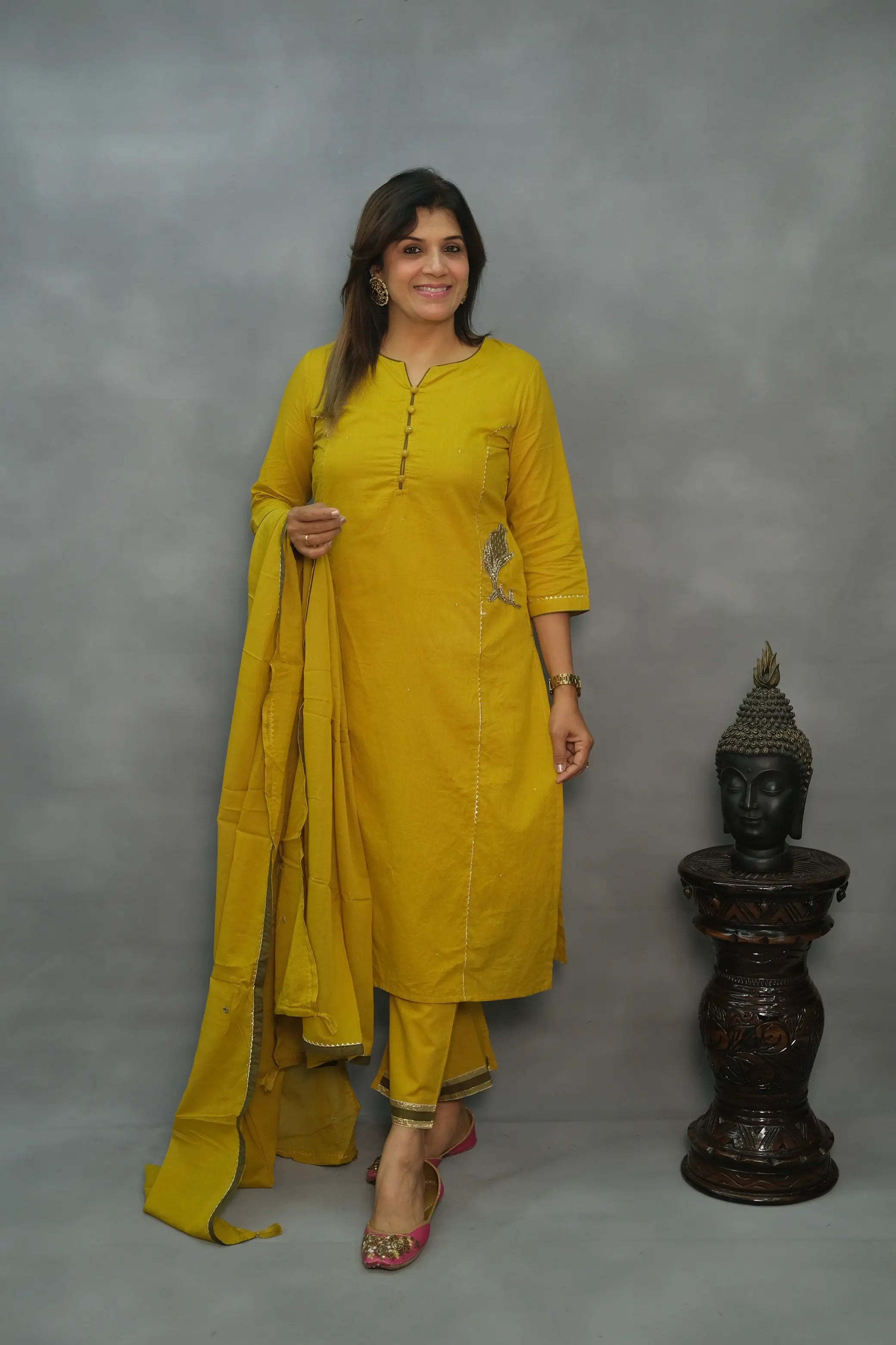 Yellow Hand-Embroidered Three-Piece Set with Lining – Premium Festive Wear