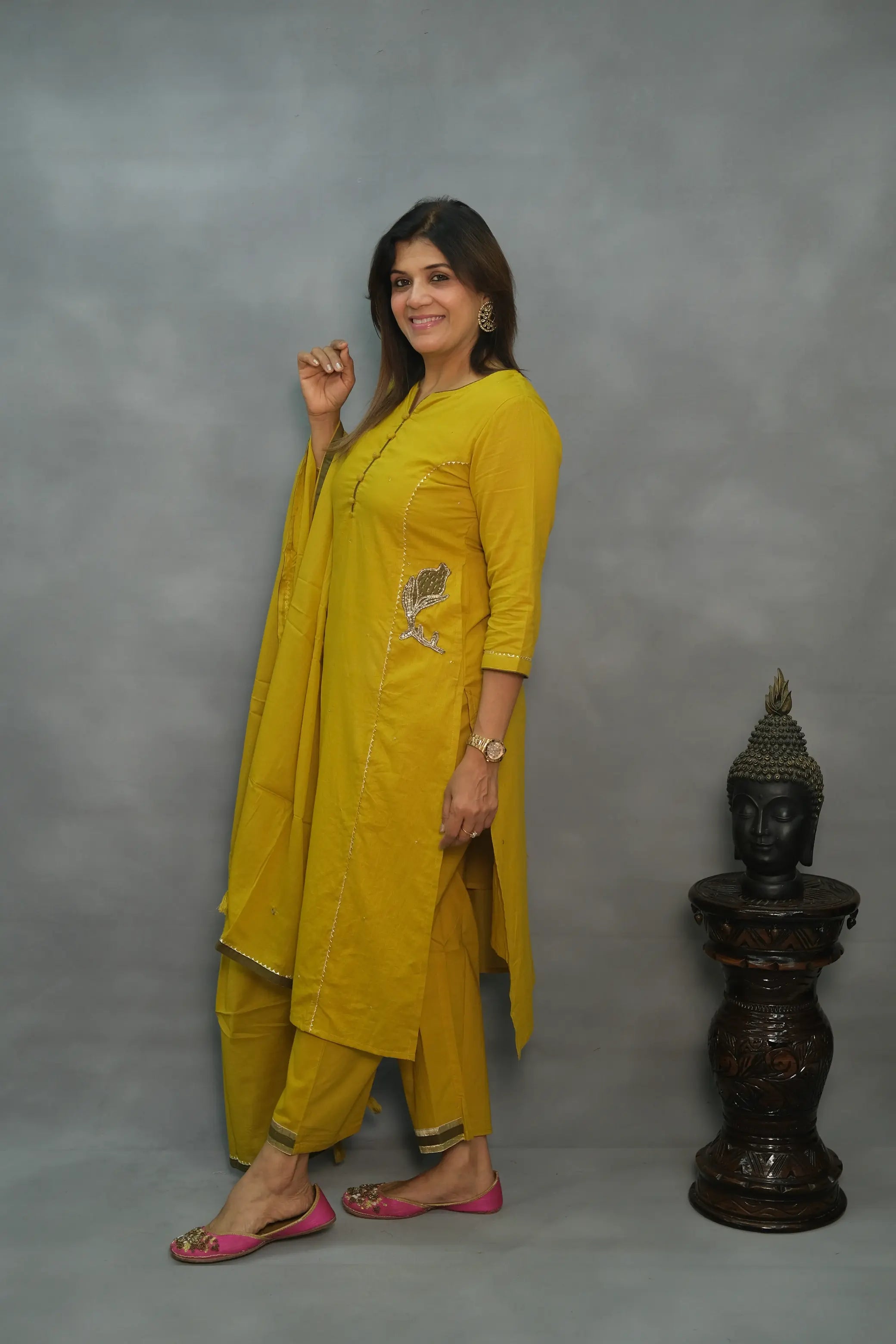 Yellow Hand-Embroidered Three-Piece Set with Lining – Premium Festive Wear