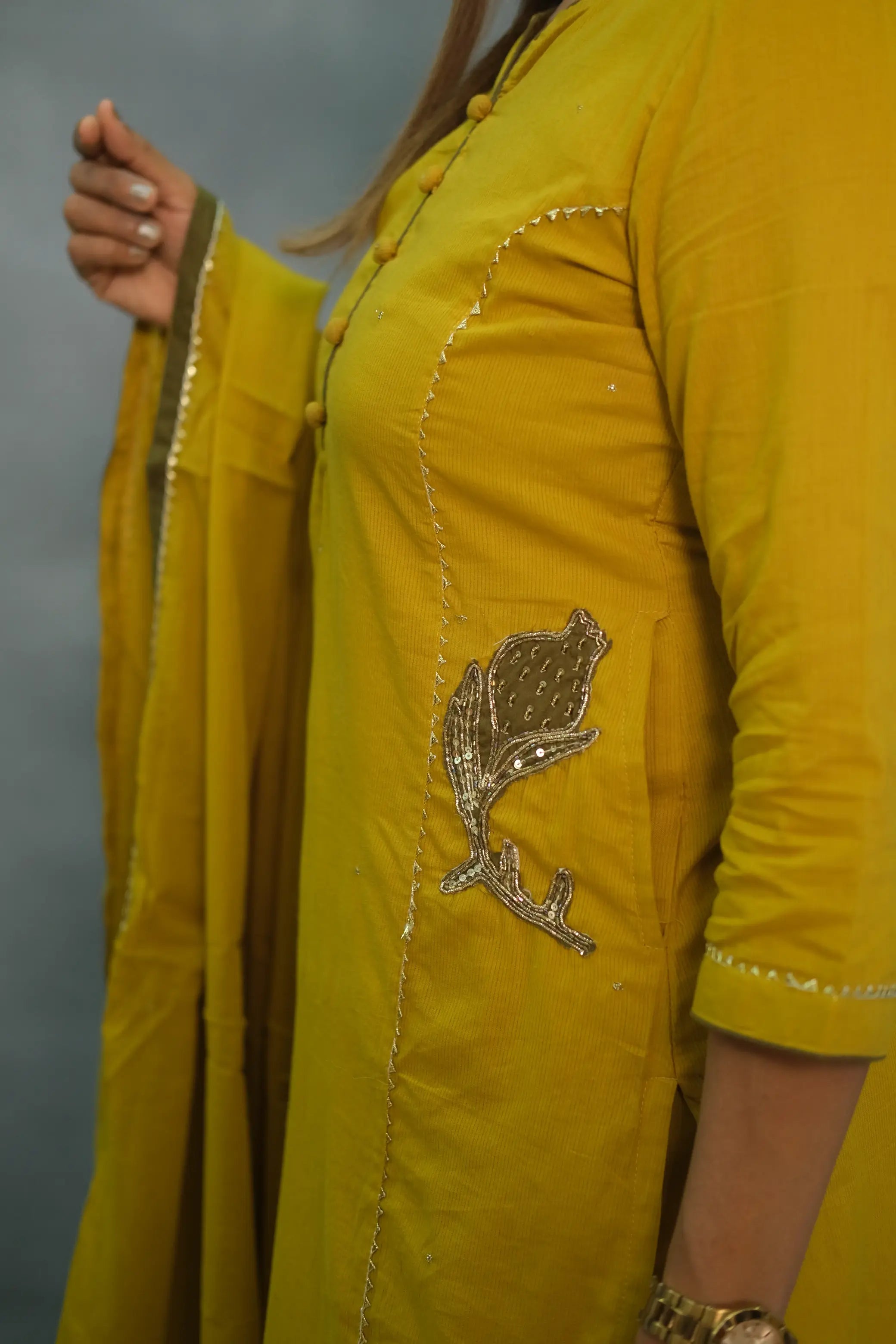 Yellow Hand-Embroidered Three-Piece Set with Lining – Premium Festive Wear