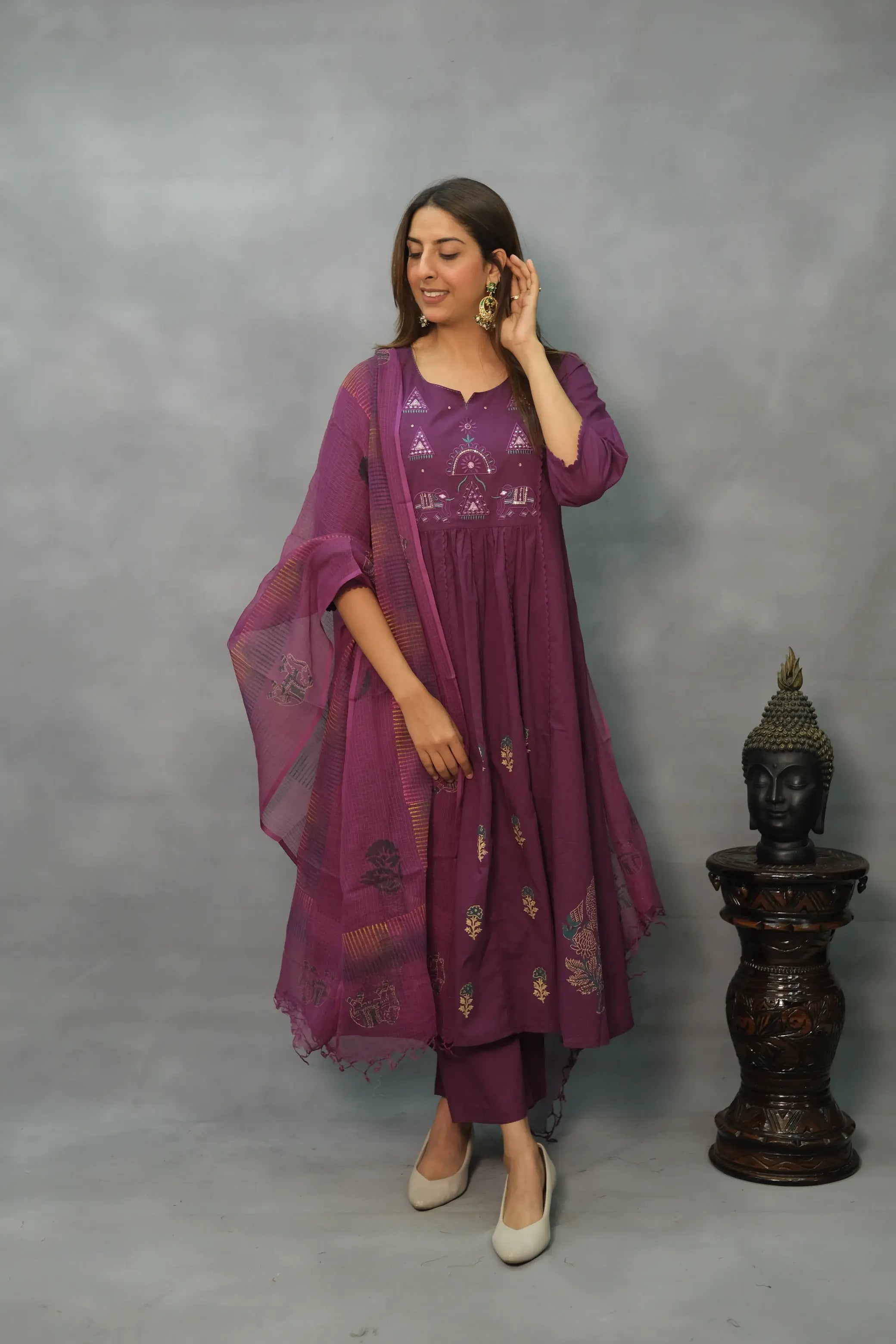 Embroidered A-Line Kurta Pant Set with Dupatta – Graceful Mul Cotton Ensemble
