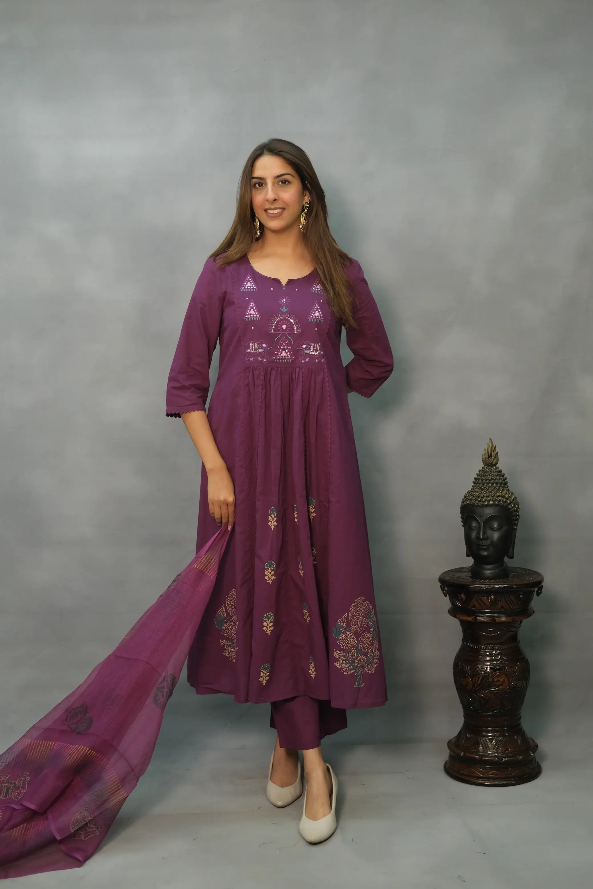 Embroidered A-Line Kurta Pant Set with Dupatta – Graceful Mul Cotton Ensemble