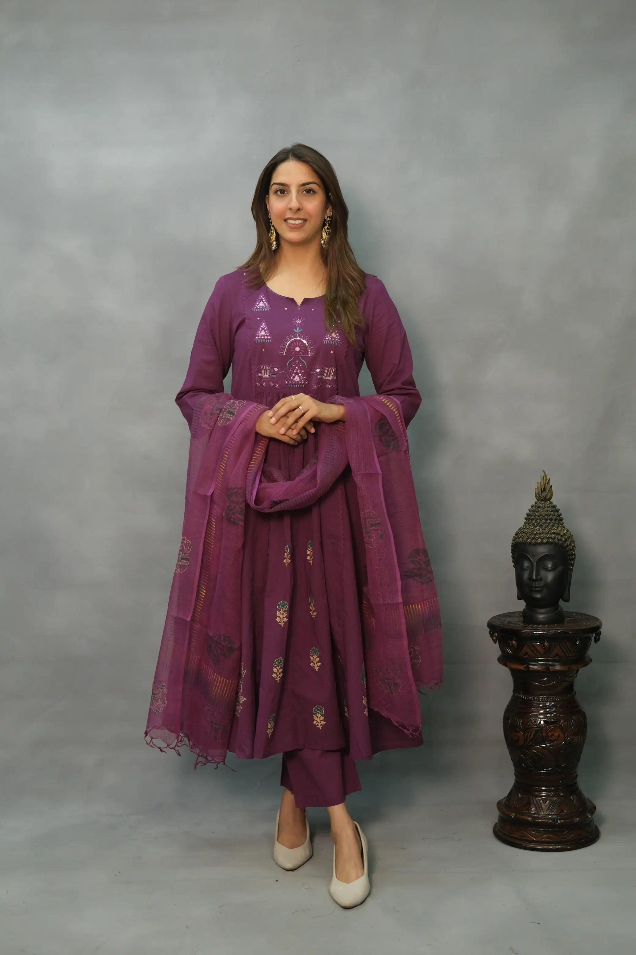 Embroidered A-Line Kurta Pant Set with Dupatta – Graceful Mul Cotton Ensemble