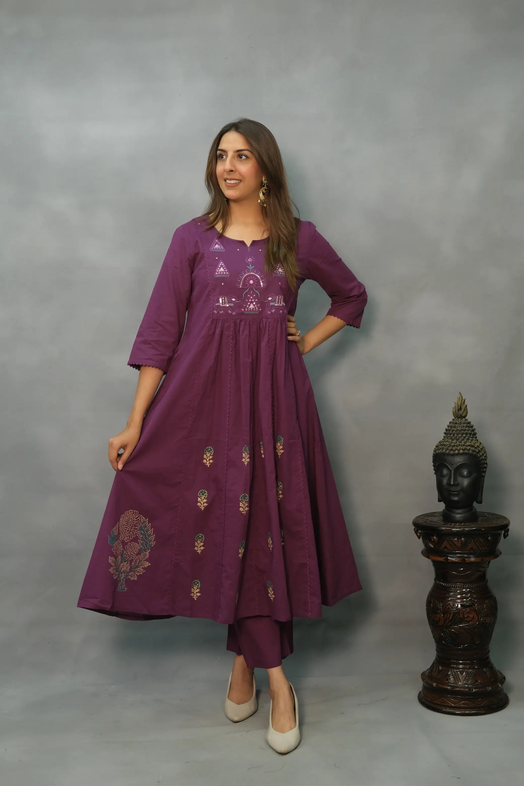 Embroidered A-Line Kurta Pant Set with Dupatta – Graceful Mul Cotton Ensemble