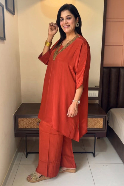 Rust Tale Cut Co-ord Set | Premium Crepe | Sequins & Thread Embroidery