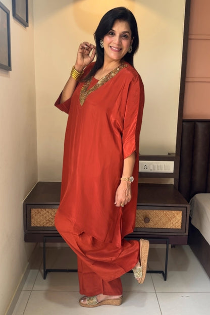 Rust Tale Cut Co-ord Set | Premium Crepe | Sequins & Thread Embroidery