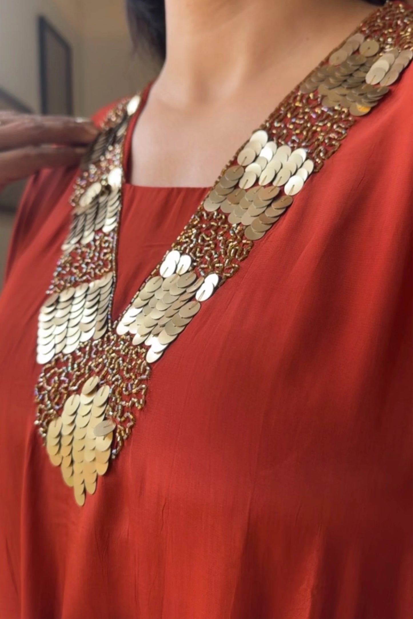 Rust Tale Cut Co-ord Set | Premium Crepe | Sequins & Thread Embroidery