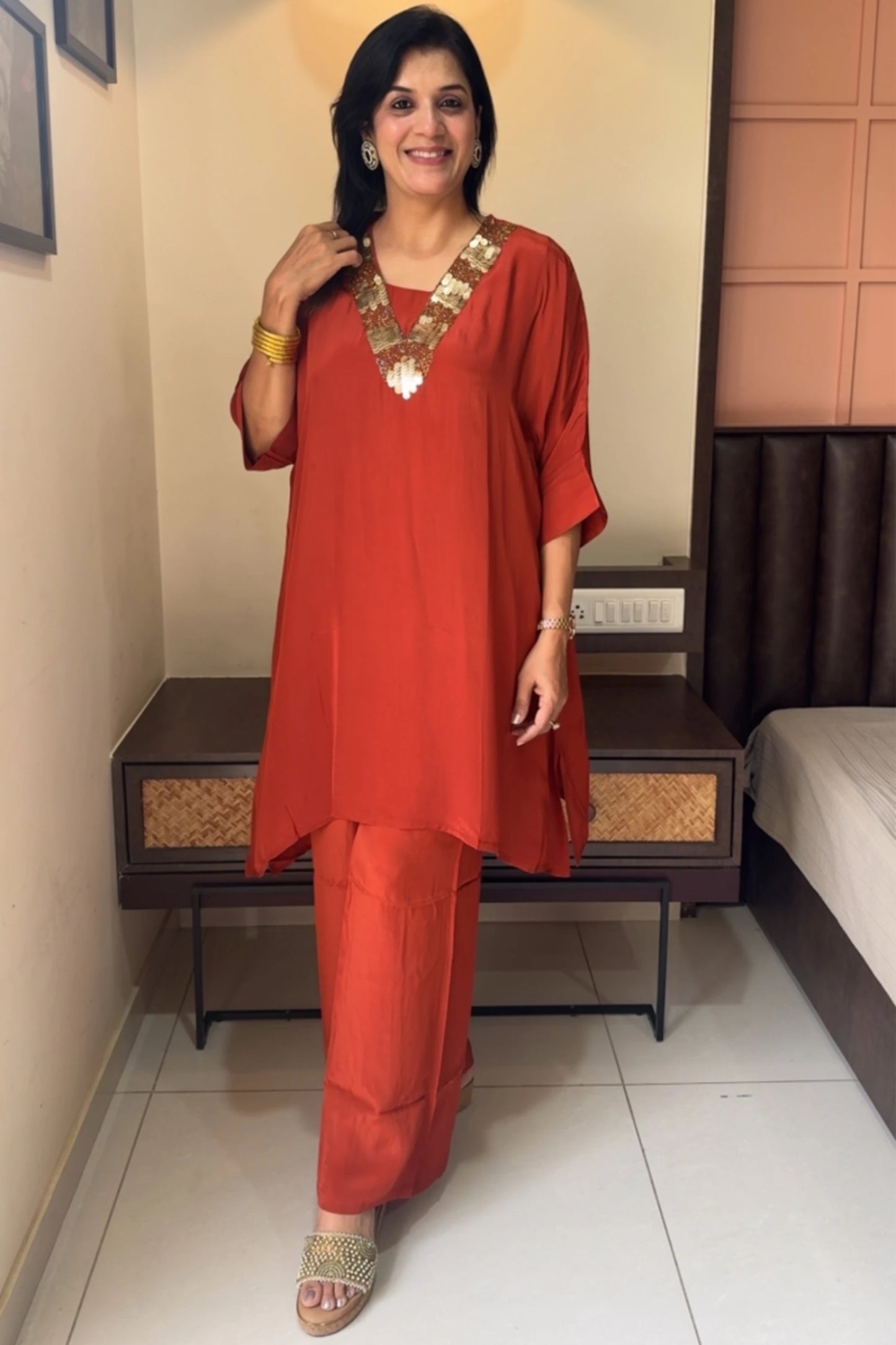 Rust Tale Cut Co-ord Set | Premium Crepe | Sequins & Thread Embroidery