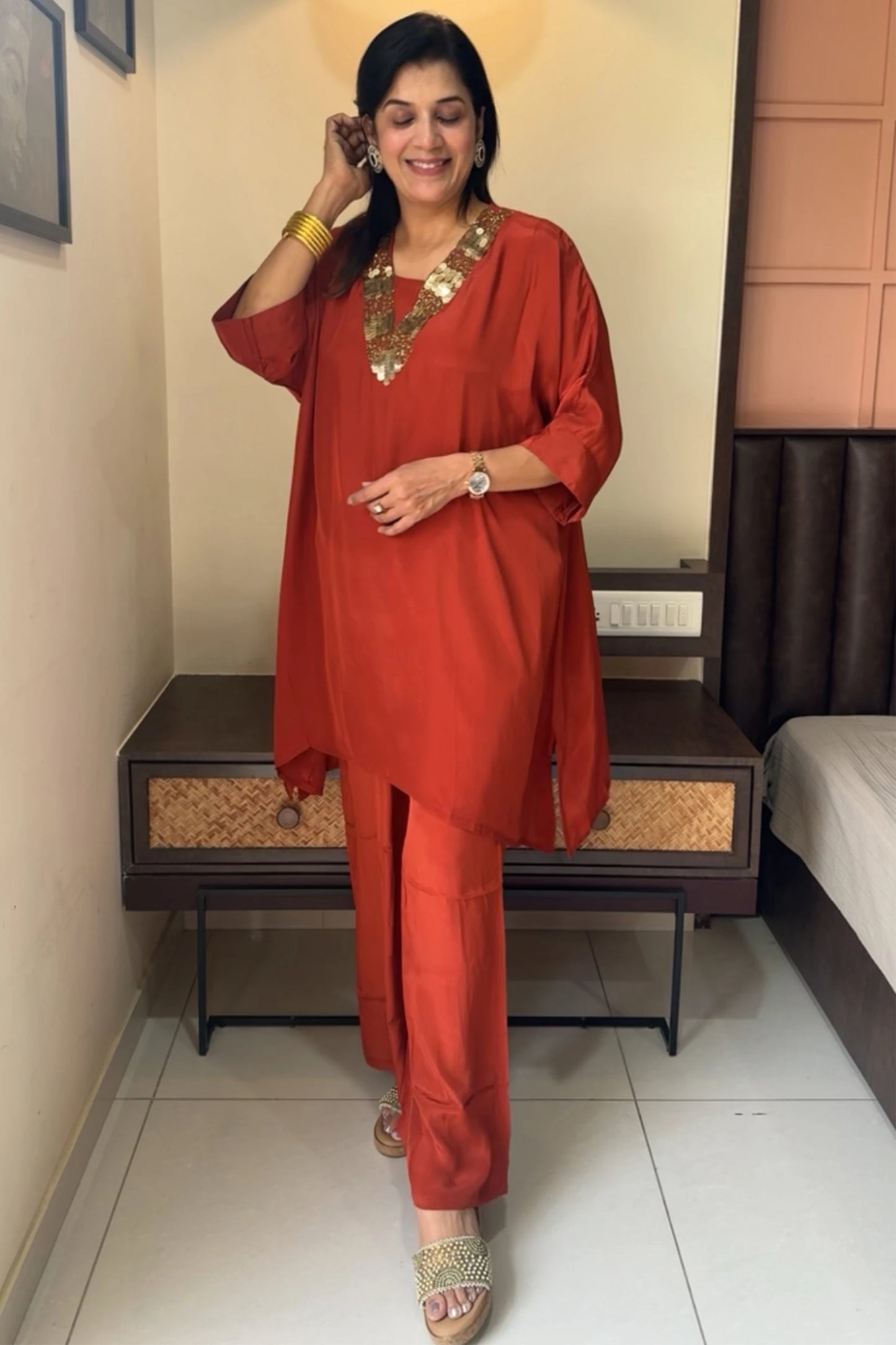 Rust Tale Cut Co-ord Set | Premium Crepe | Sequins & Thread Embroidery