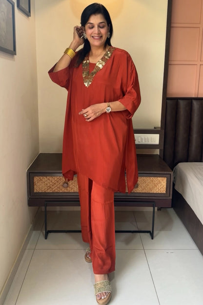 Rust Tale Cut Co-ord Set | Premium Crepe | Sequins & Thread Embroidery