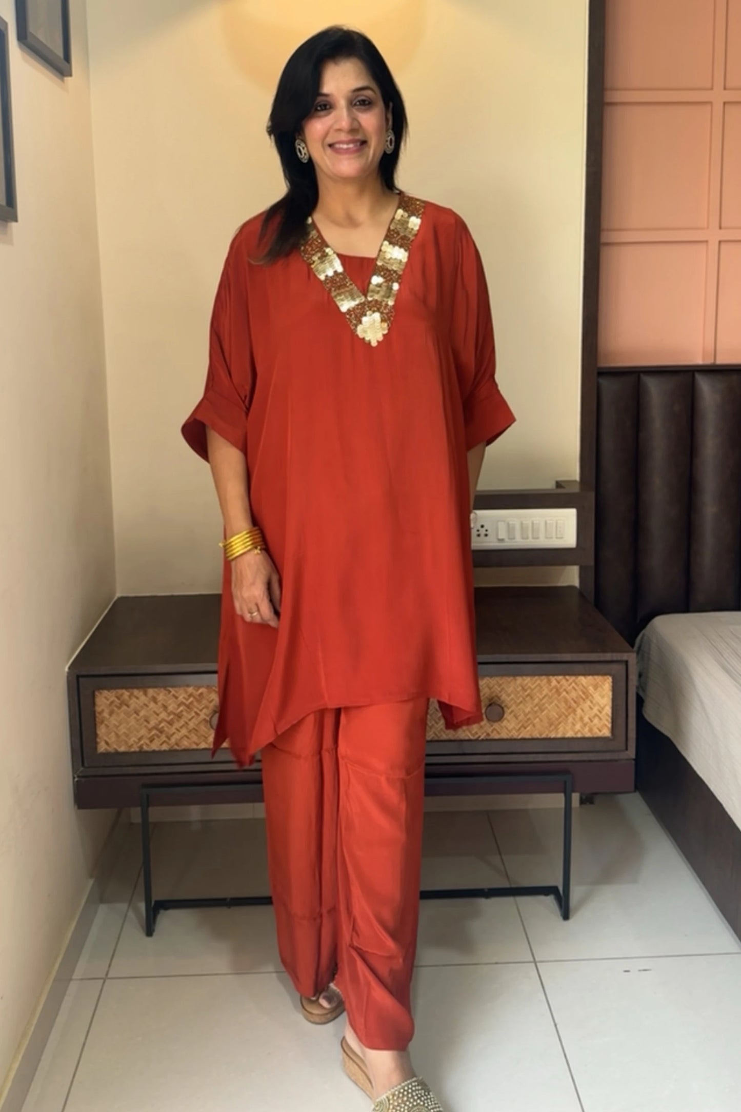 Rust Tale Cut Co-ord Set | Premium Crepe | Sequins & Thread Embroidery