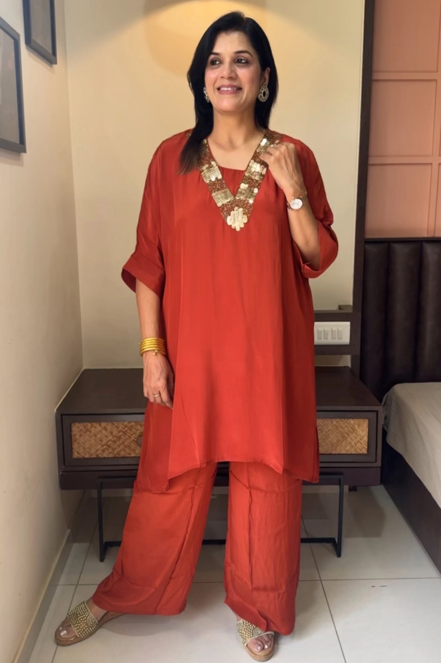 Rust Tale Cut Co-ord Set | Premium Crepe | Sequins & Thread Embroidery