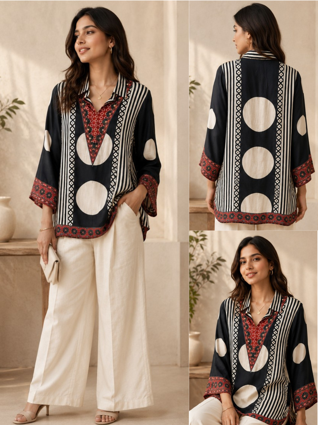 Black Multi-Print Collared Tunic Shirt | Embroidered Pure Crepe Designer Wear