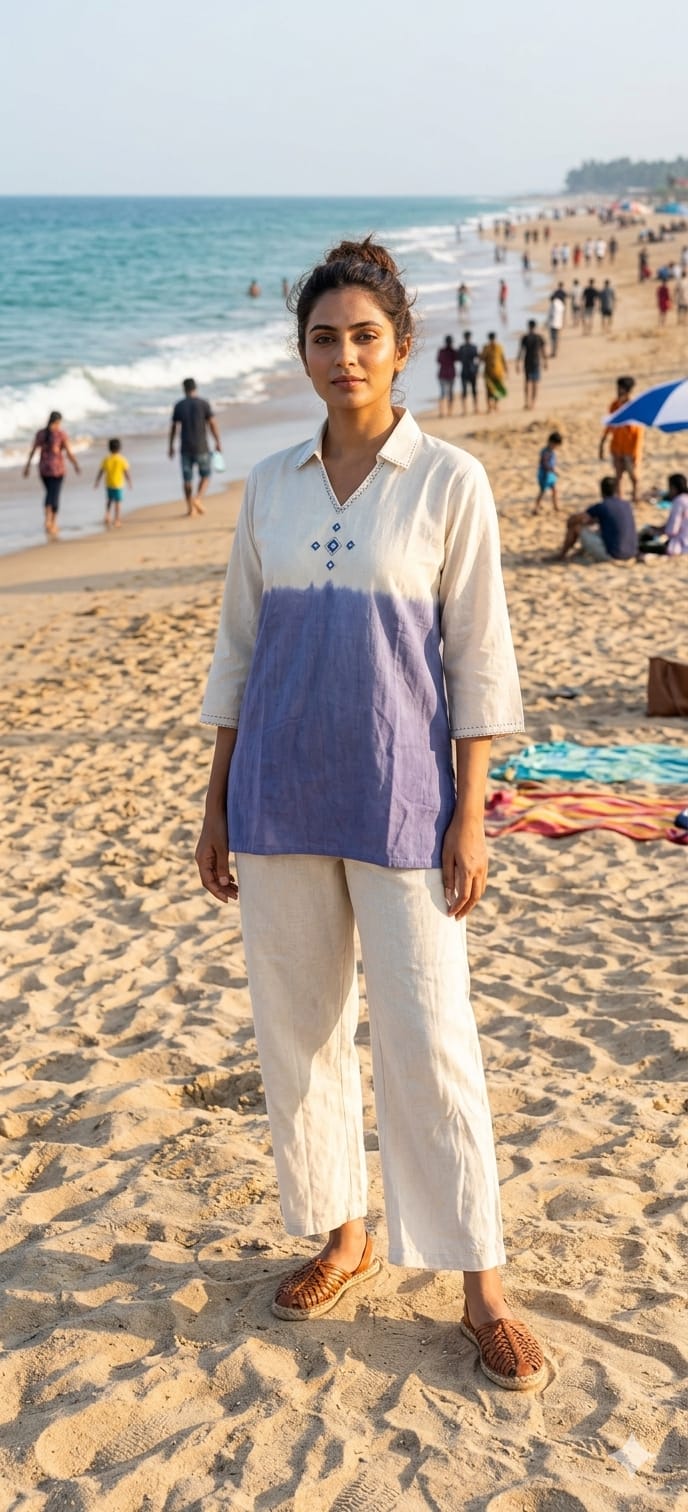 Off White Iris Tie-Dye Collared Top Pant Co-Ord Set | Mirror Work Cotton Flex Wear