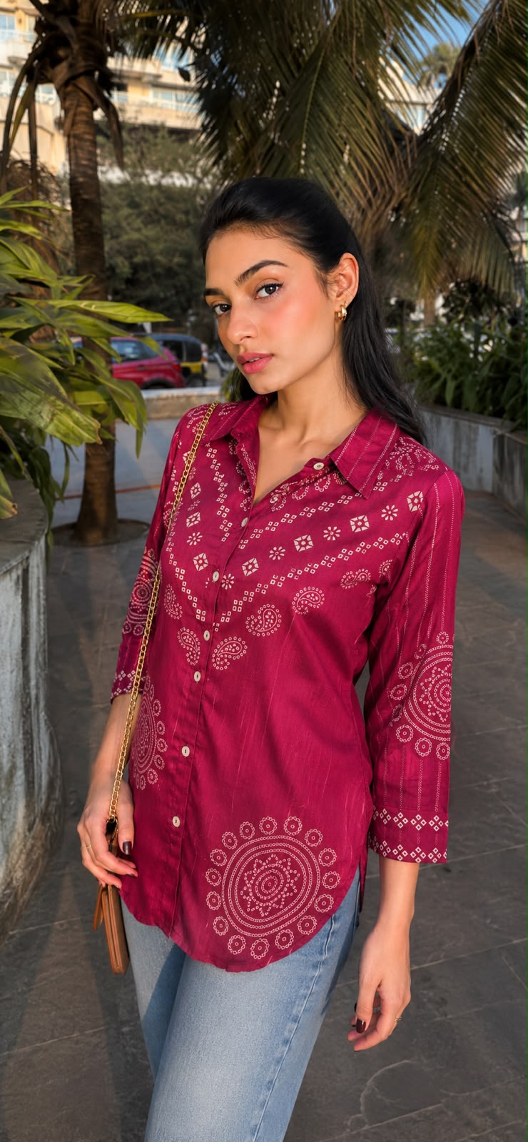 Magenta pink Bandhani Print Collared Tunic Shirt | Premium Crepe Ethnic Fusion Wear