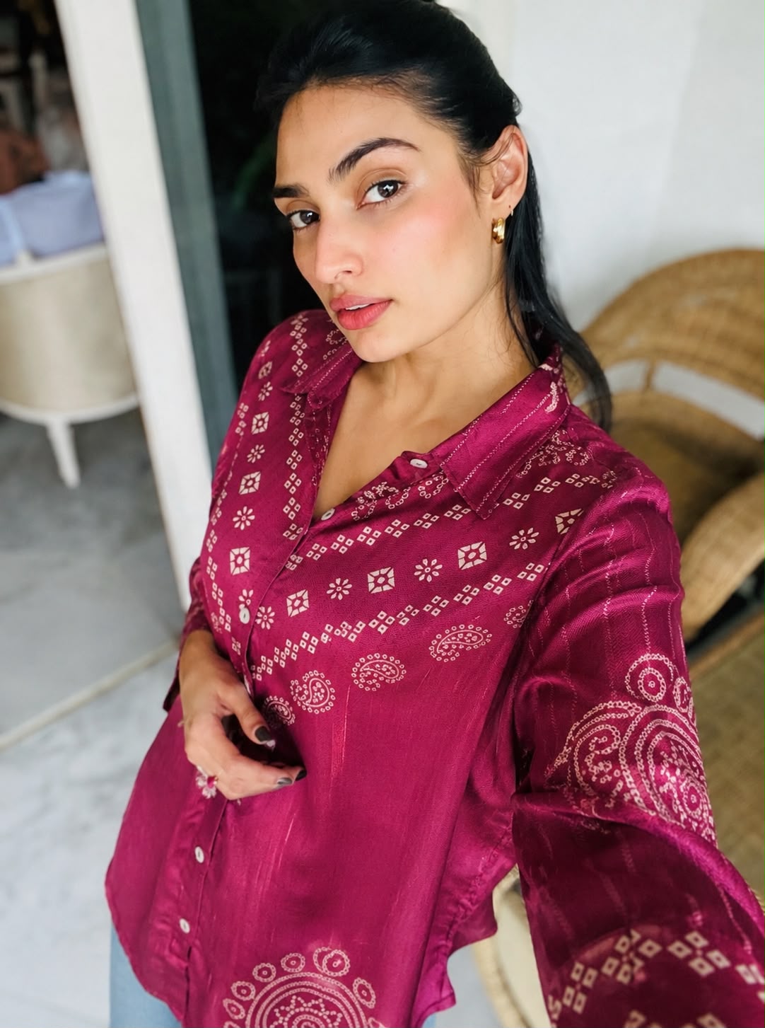Magenta pink Bandhani Print Collared Tunic Shirt | Premium Crepe Ethnic Fusion Wear