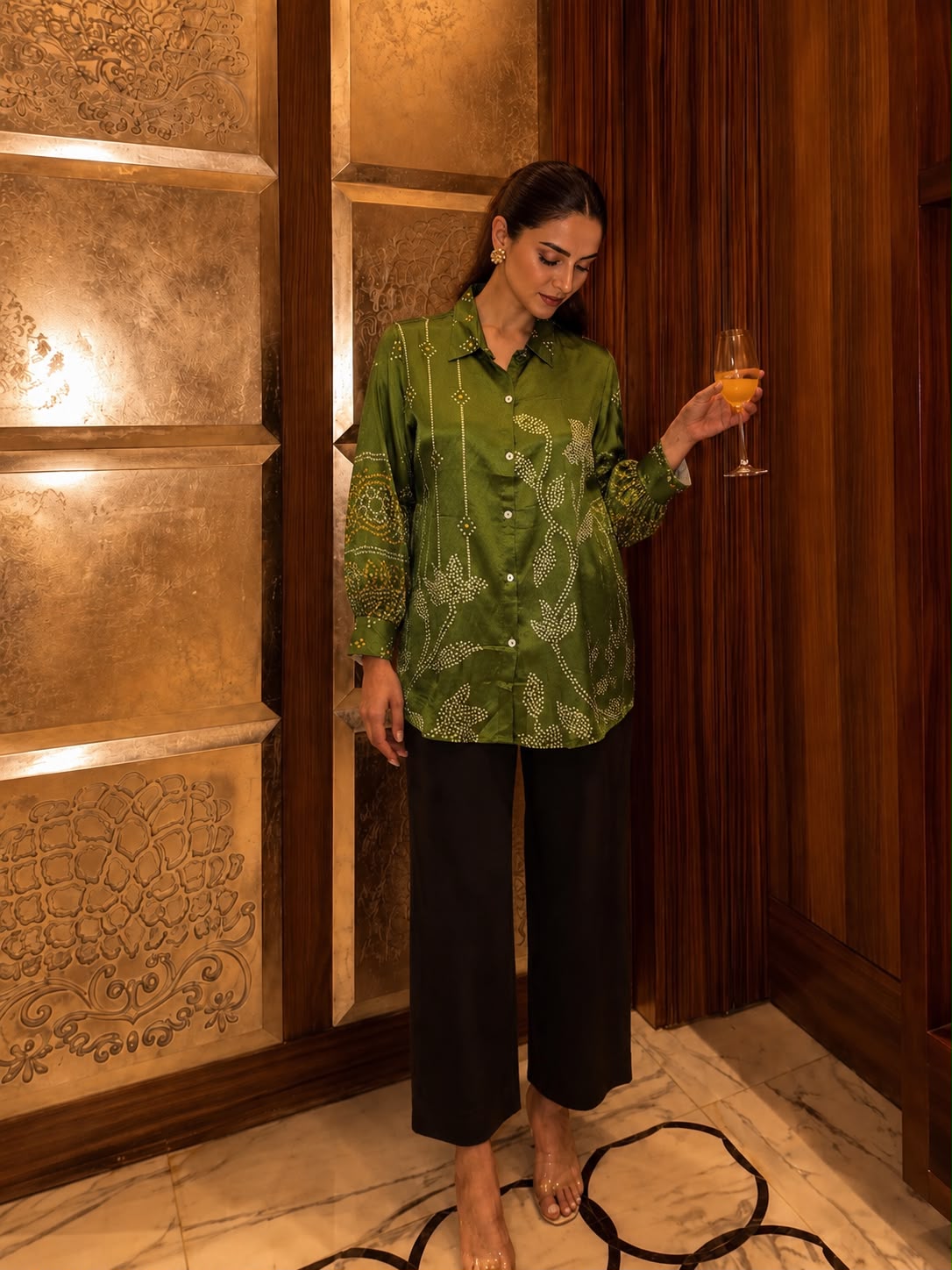 Green Bandhani Print Collared Tunic Shirt | Premium Crepe Ethnic Fusion Wear