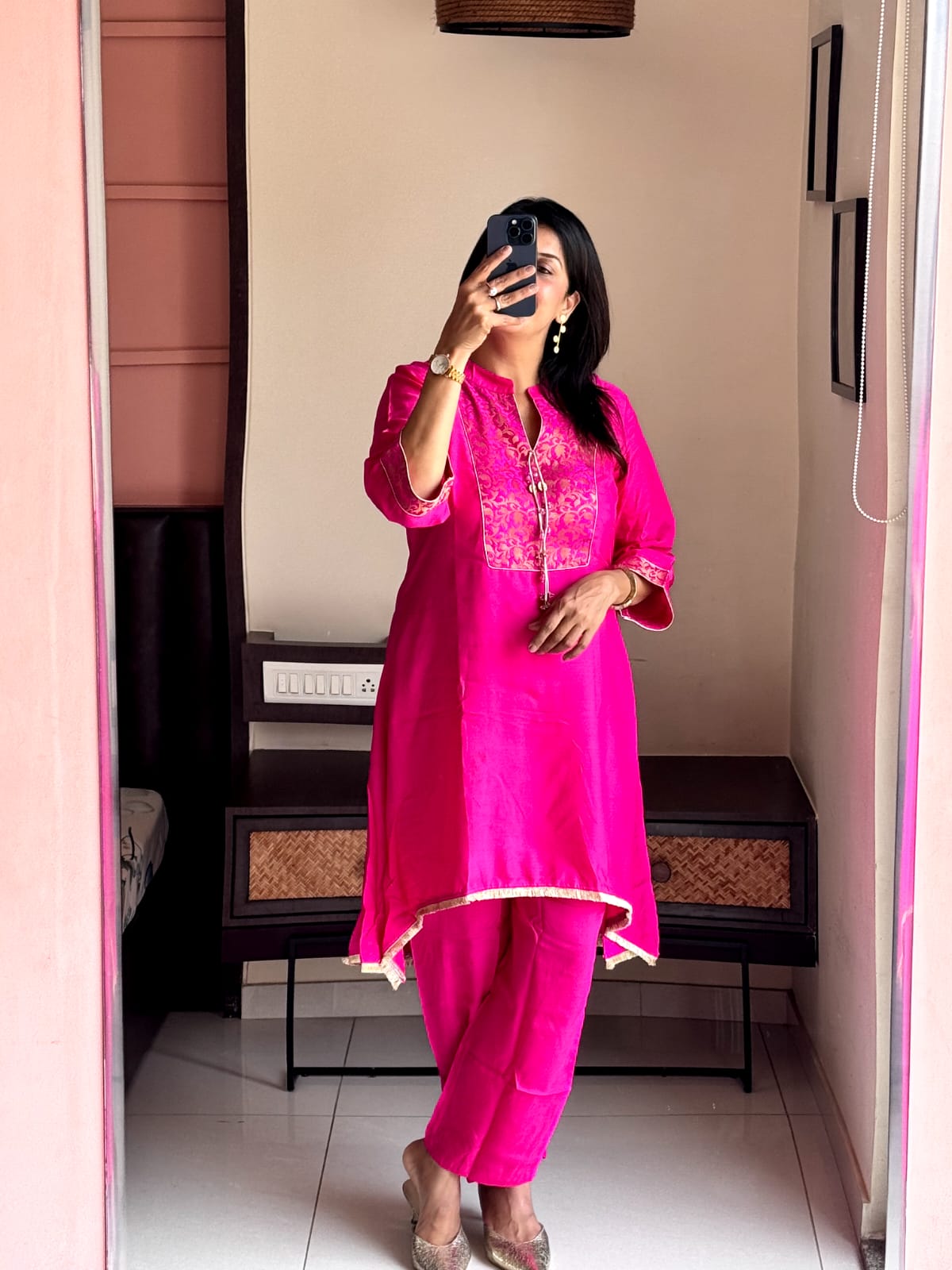 Rani Pink Brocade Yoke Work Kurta Pant Set | Pure Muslin Silk