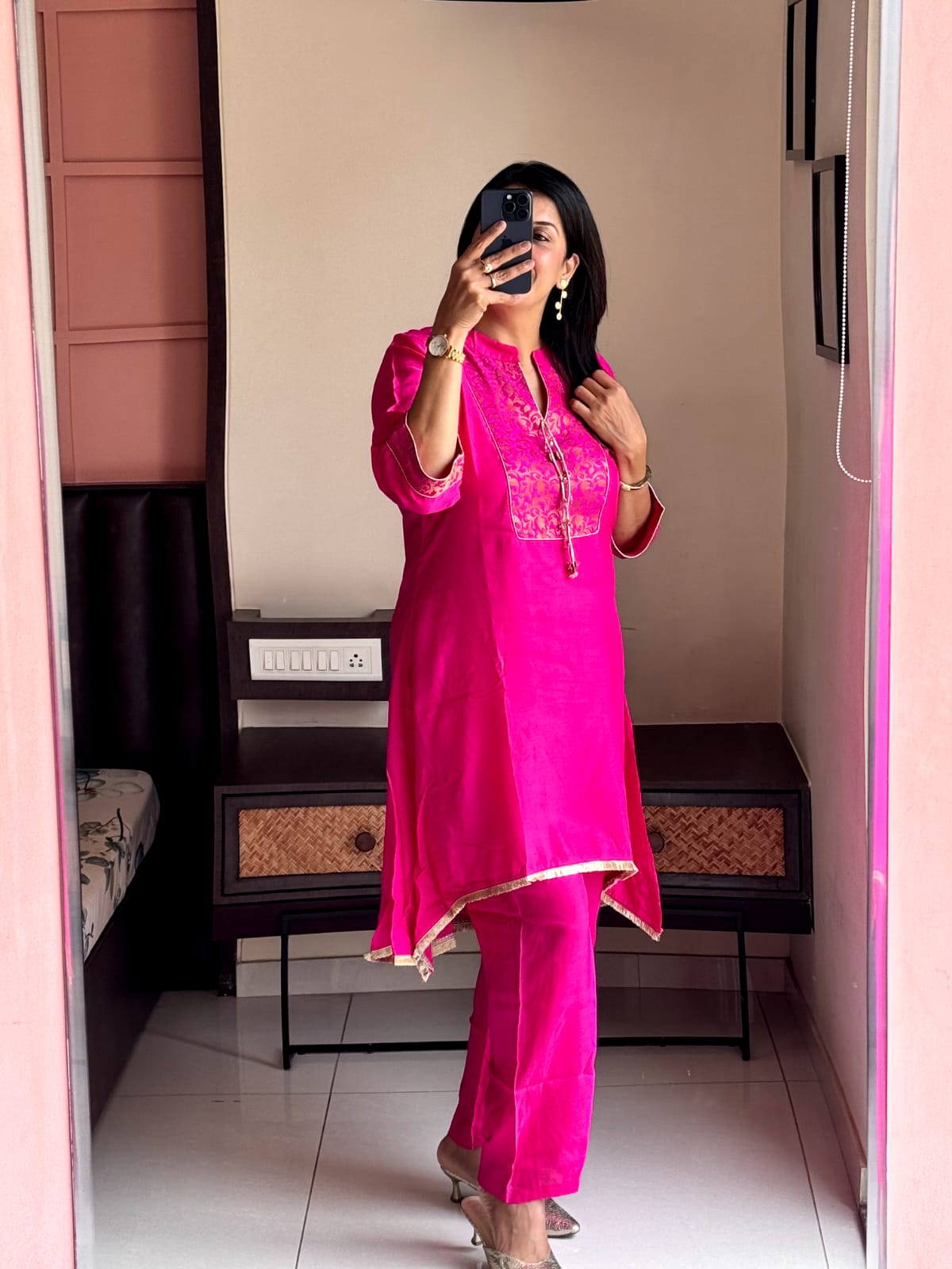 Rani Pink Brocade Yoke Work Kurta Pant Set | Pure Muslin Silk