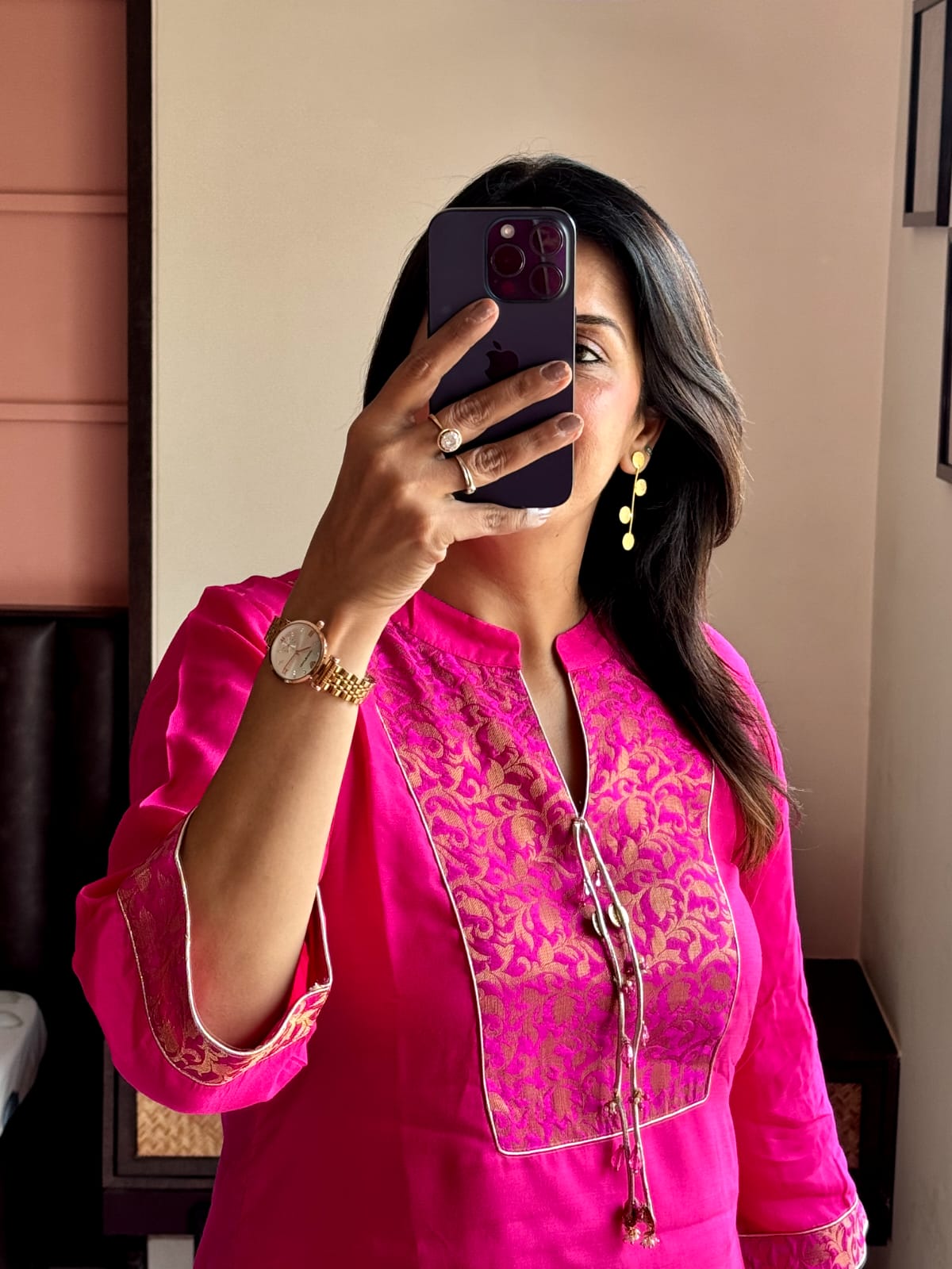 Rani Pink Brocade Yoke Work Kurta Pant Set | Pure Muslin Silk