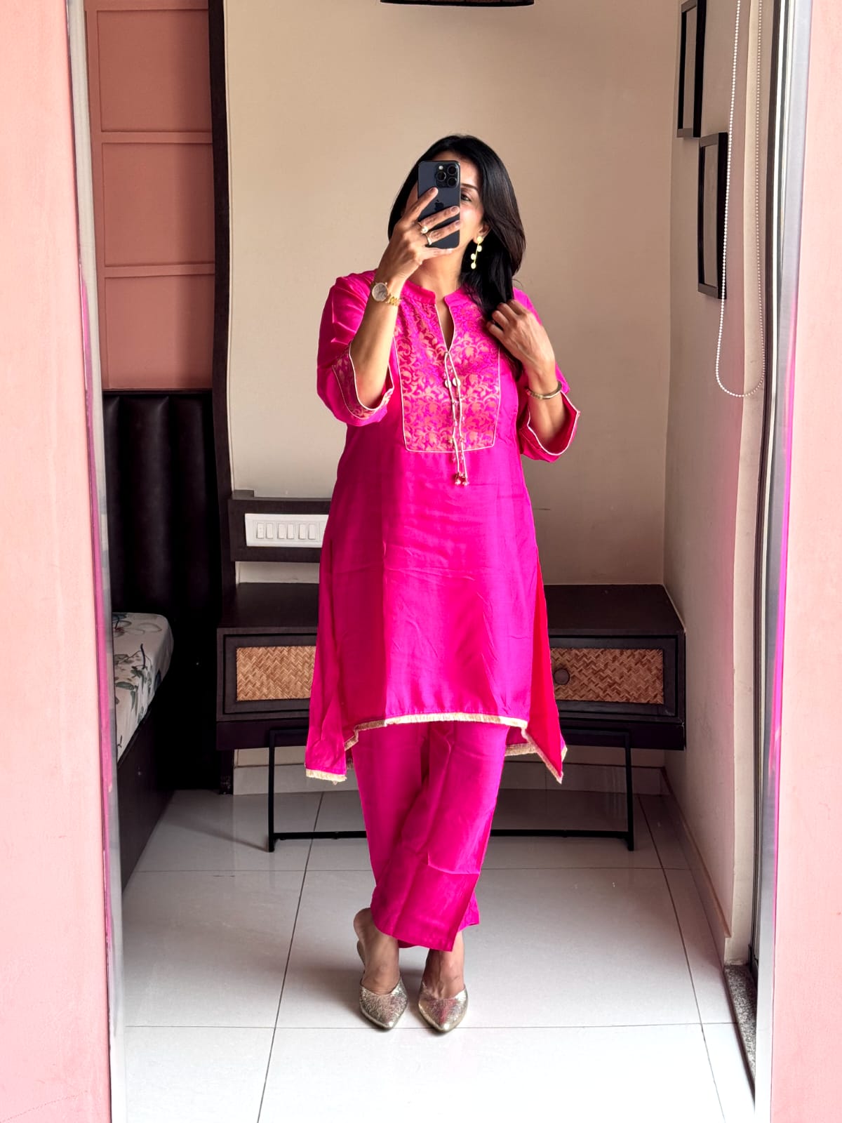 Rani Pink Brocade Yoke Work Kurta Pant Set | Pure Muslin Silk