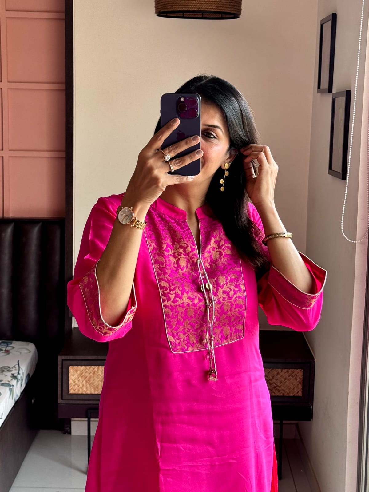 Rani Pink Brocade Yoke Work Kurta Pant Set | Pure Muslin Silk