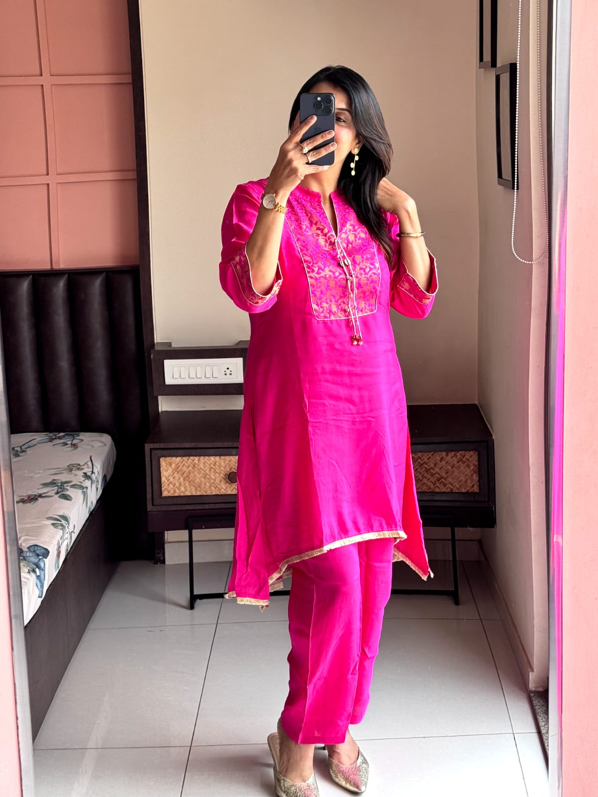 Rani Pink Brocade Yoke Work Kurta Pant Set | Pure Muslin Silk
