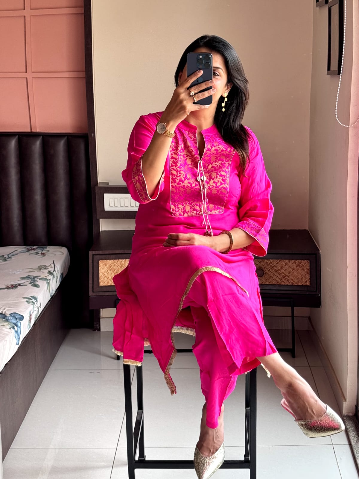 Rani Pink Brocade Yoke Work Kurta Pant Set | Pure Muslin Silk