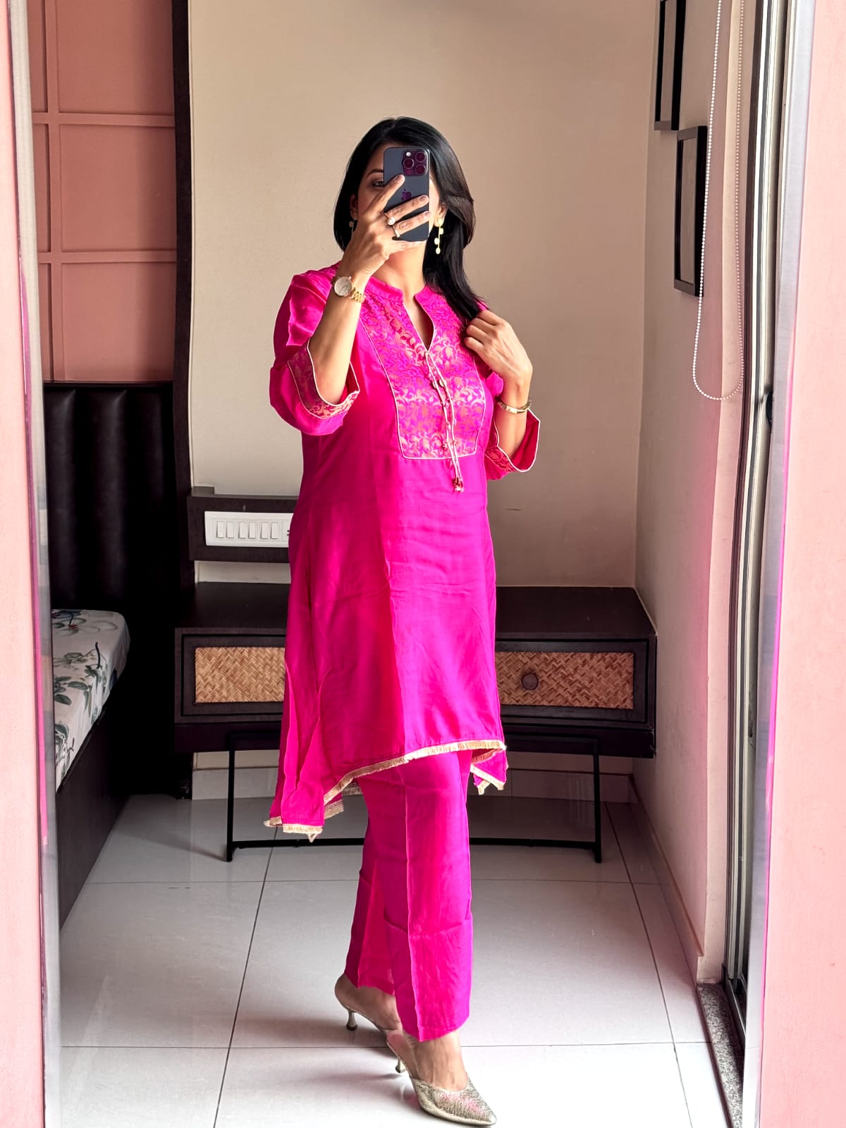 Rani Pink Brocade Yoke Work Kurta Pant Set | Pure Muslin Silk