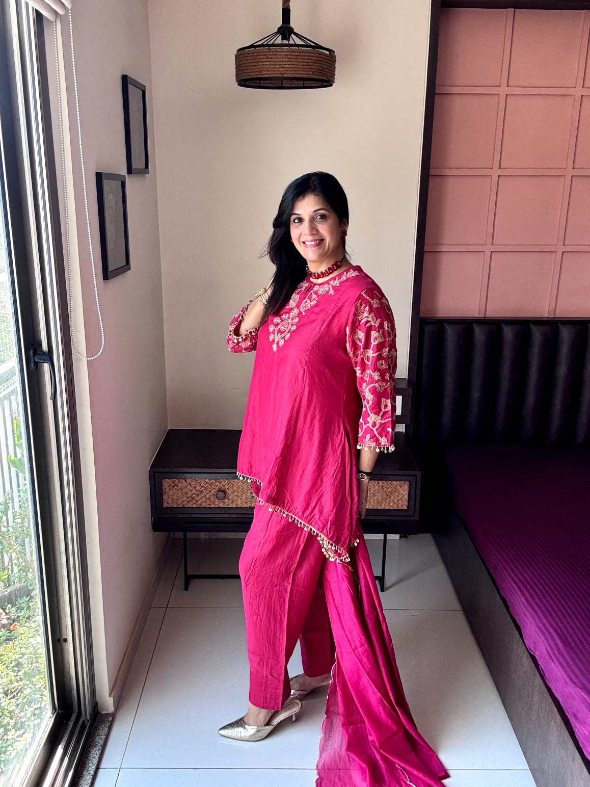 Rouge Pink – Embroidered Stylish Top with Farsi Sarwar Dupatta Set |  Pure banarasi mul Chanderi