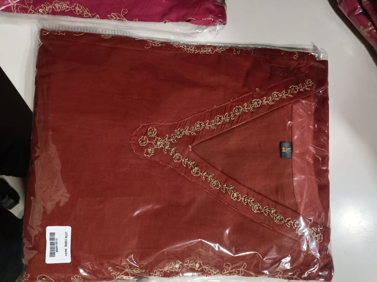 Dark Rust Embroidered A-Line Kurta Pant & Dupatta Set | Pure Mul Chanderi
