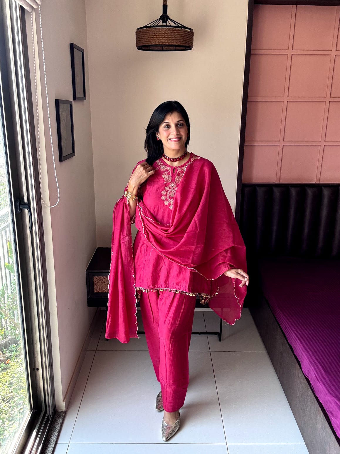 Rouge Pink – Embroidered Stylish Top with Farsi Sarwar Dupatta Set |  Pure banarasi mul Chanderi