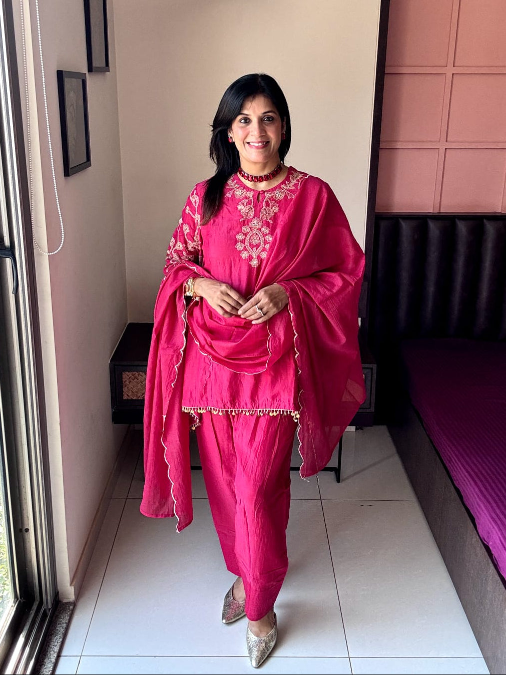 Rouge Pink – Embroidered Stylish Top with Farsi Sarwar Dupatta Set |  Pure banarasi mul Chanderi