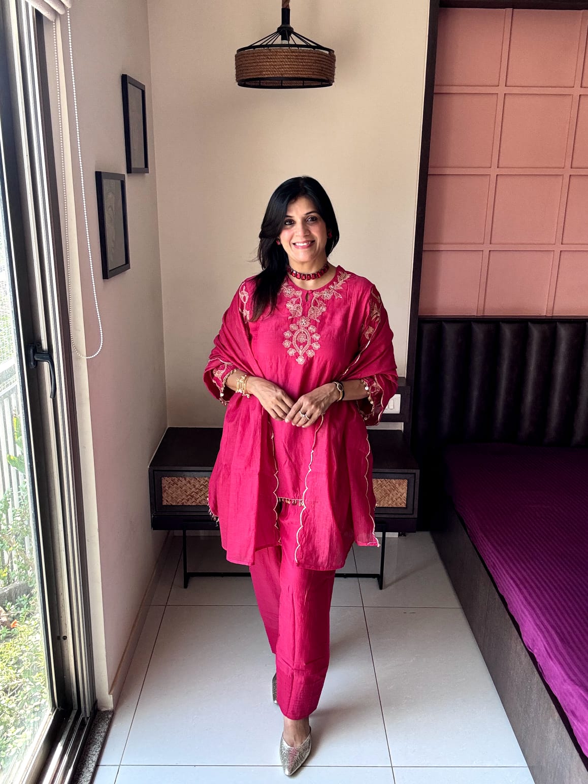 Rouge Pink – Embroidered Stylish Top with Farsi Sarwar Dupatta Set |  Pure banarasi mul Chanderi