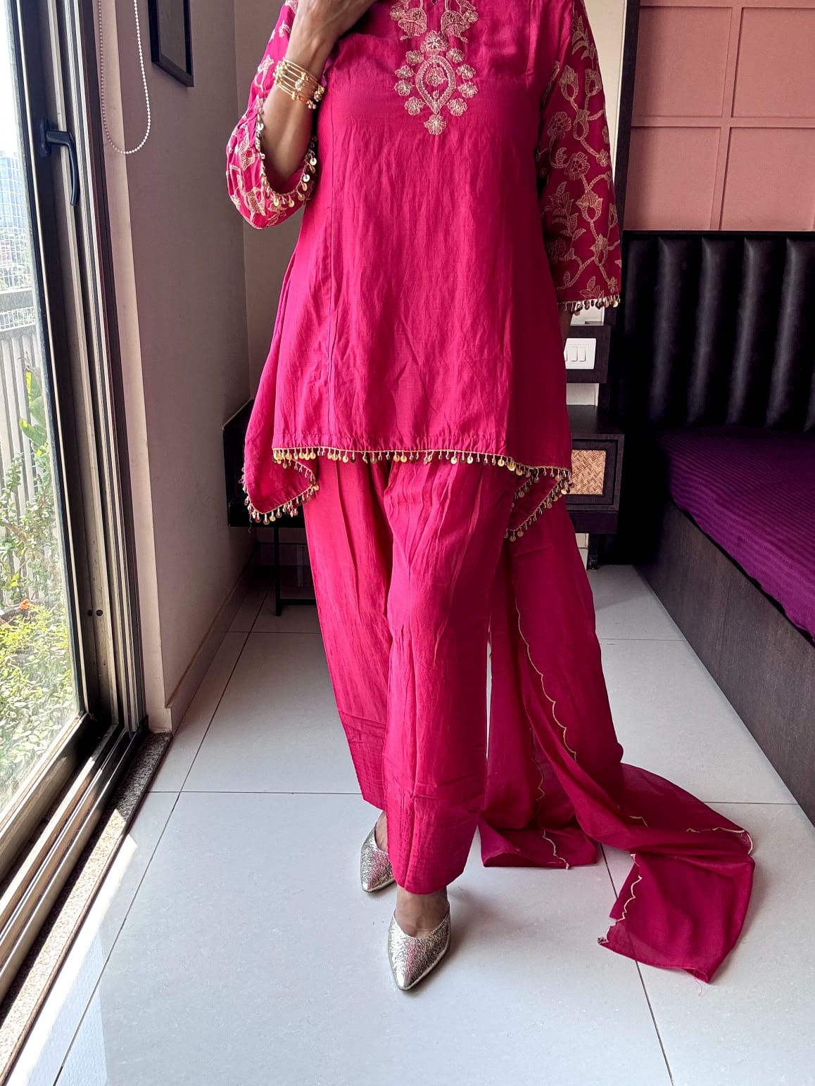 Rouge Pink – Embroidered Stylish Top with Farsi Sarwar Dupatta Set |  Pure banarasi mul Chanderi