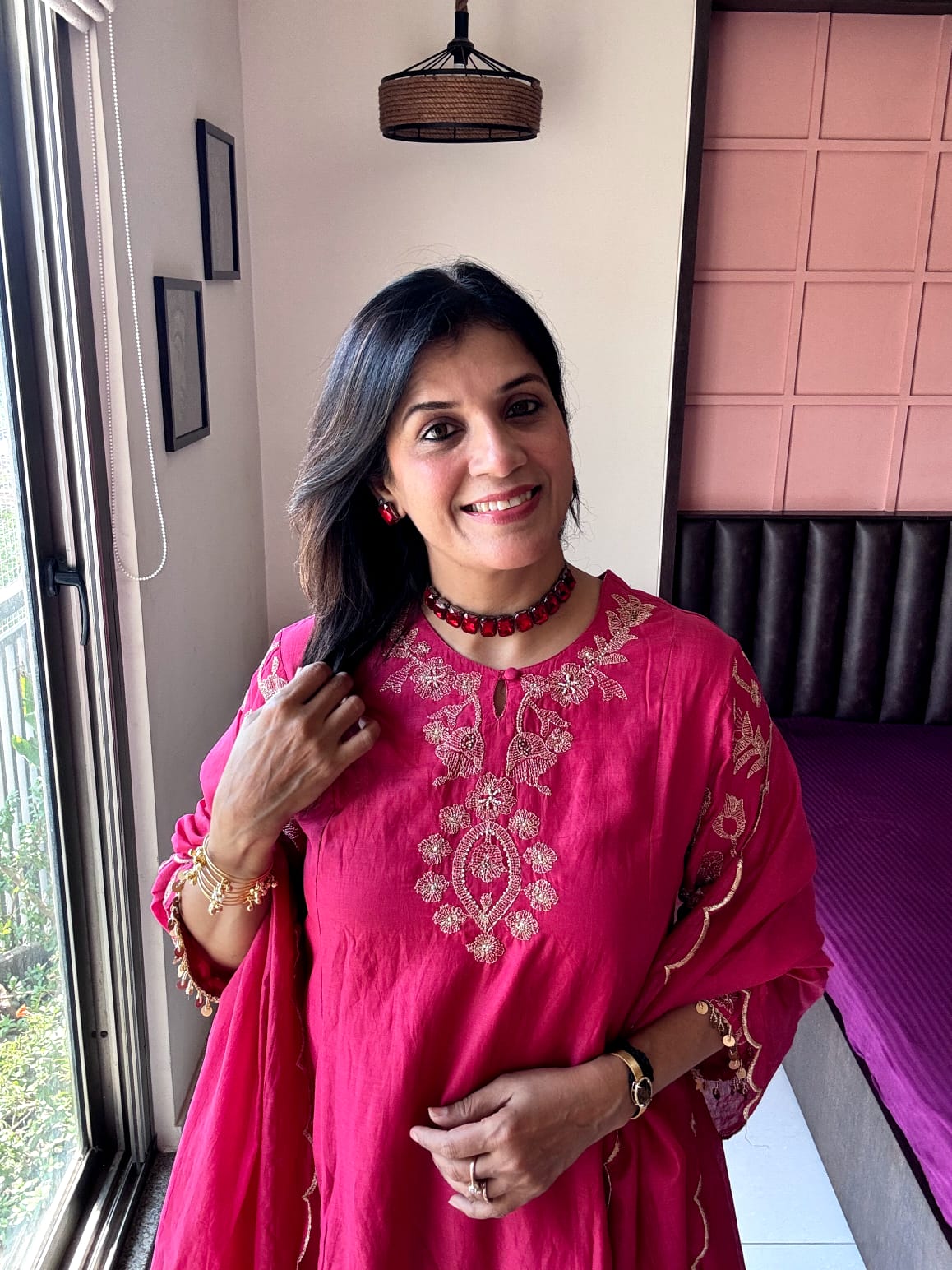 Rouge Pink – Embroidered Stylish Top with Farsi Sarwar Dupatta Set |  Pure banarasi mul Chanderi